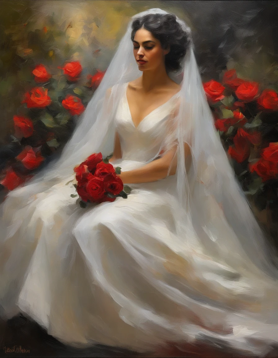 woman of defined body, alone, rapier in her hand, black hair, curly locks of hair, short hair, ((long white wedding dress, white veil, black roses on dress)), social shoes of black color, serious look, eyes of light amber and slate grey color, enchanted garden with red roses.