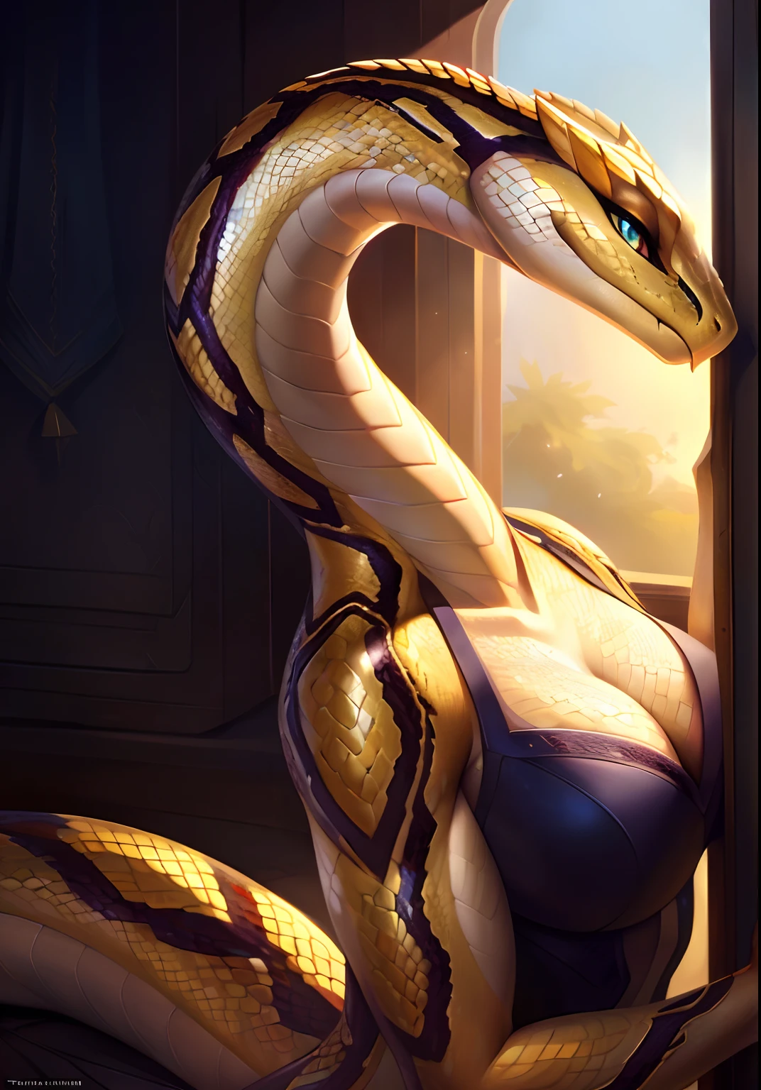 Uploaded on e621, by Pixelsketcher, by Bayard Wu, by Thomas Benjamin Kennington , by Einshelm, solo anthro, ((face portrait)), BREAK, shake hissing, sweet look, (detailed Bonifasko lighting), (detailed scales), (detailed skin), (yellow Viper, yellow Viper, yellow Viper), (extremely long neck), (her own hands holding her own face), BREAK, ((viper hissing)), ((SFW)), ((long thick yellow tail)), ((facing viewer)), (cinematic lighting), ((detailed background)), ((face portrait view)), (((face view))), (half body shadow), [backlighting], [crepuscular ray], [detailed ambient light], [gray natural lighting], [ambient light], (higher wildlife feral detail), [explict content], [sharp focus], (questionable content), (shaded), ((masterpiece), hissing, her own hands holding her own face, medium scales breasts, breasts, furry yellow viper, Viber face, furry Fantasy Art, furry Art, Commission for High Res, anthro Art, Art,Sakimichan beautiful, masterpiece, medium breasts, best quality, detailed image, bright colors, detailed face, perfect lighting, perfect shadows, perfect eyes, girl focus, snake eyes, flawless face, big breasts, extremely long neck, face focus, ((long thick yellow tail)) viper, viper girl, scales, scales woman, Viper nose, large long muzzle, colorful scales, gaze at the viewer, half-closed eyes, 1girl, solo, (masterpiece), (best quality), (illustration), (cinematic lighting), detailed scales, balanced coloring, global illumination, ray tracing, good lighting, scales, anthro, showing breasts, cleavage, looking at viewer, seductive look, SFW