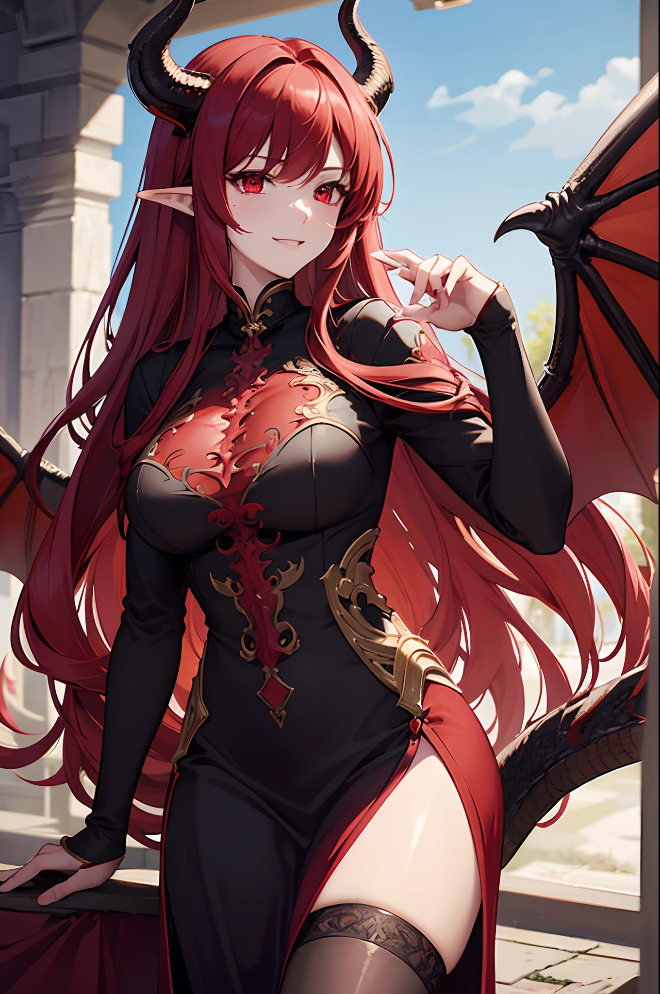 ((Best quality at best)), ((tmasterpiece)), (Detailed pubic hair), s the perfect face,Red long-haired,red color eyes,Dragon's horn,Dragon wings,Dragon tail,Royal sister,long skirt