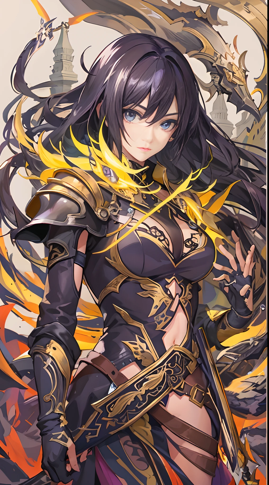 Hay un dibujo de una mujer sosteniendo una espada gigante celestal amarilla, Inspirado por Amano, inspirado por Li Chevalier, Arte Zerochan, sostiene una espada negra, Dark Cloud 2 art style, Ganador del concurso Pixiv, con espada grande, nge dark fantasy, anime in fantasy style, Drakengard, Arte de anime limpio y detallado, Boceto coloreado de alta calidad