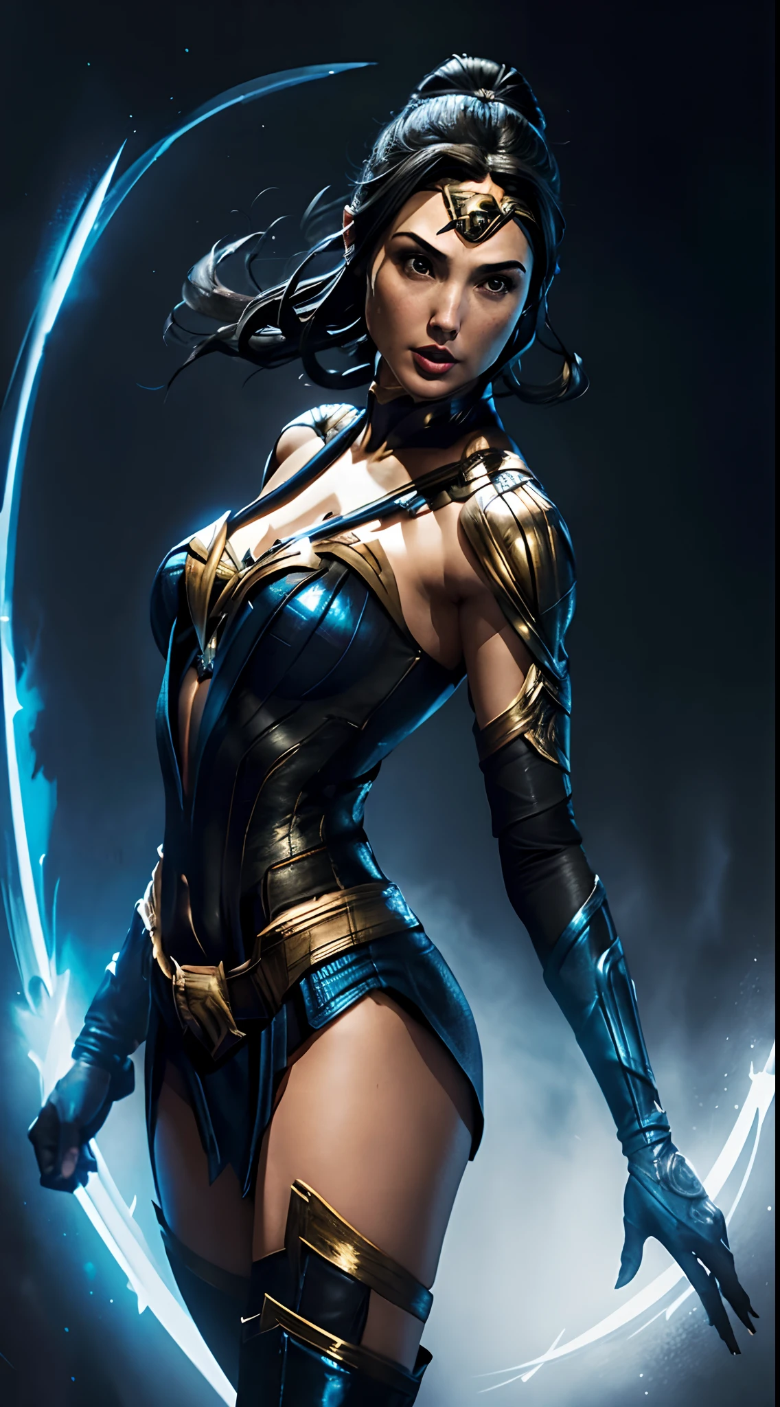 actess ((Gal Gadot)) as Kitana from Mortal Kombat, wields fans, blue-and-black revealing bodysuit, blue stockings, blue ninja mask, high heels, (intricate hair bun), intricate, high detail, sharp focus, dramatic, photorealistic painting art by greg rutkowski