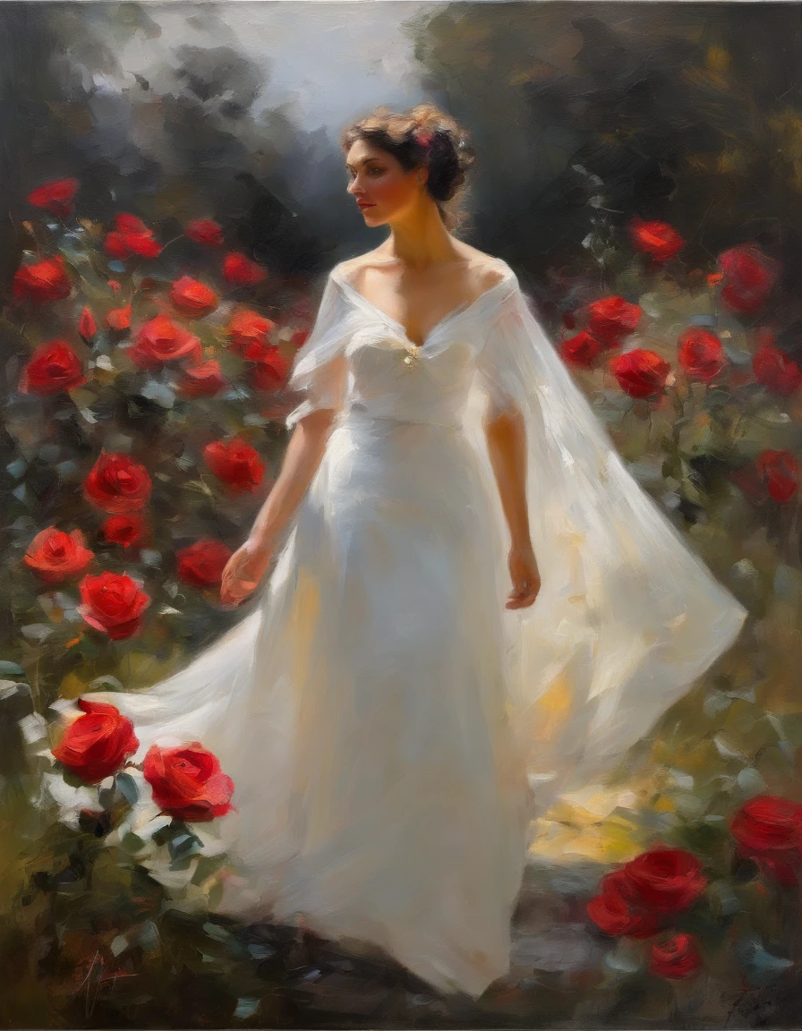 woman of defined body, alone, rapier in her hand, black hair, curly locks of hair, shoulder length hair, ((long white wedding dress, white veil, black roses on dress)), social shoes of black color, serious look, eyes of light amber and slate grey color, enchanted garden with red roses.