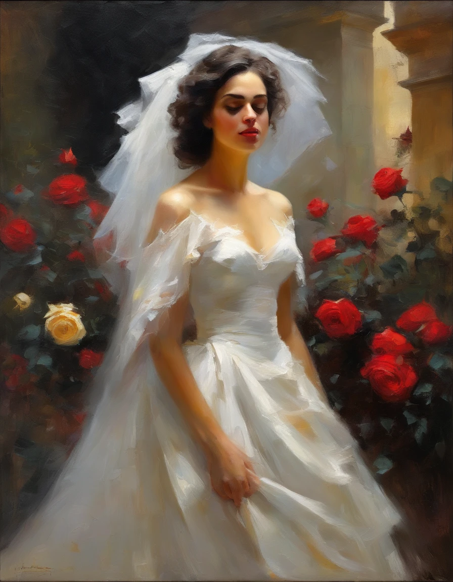 woman of defined body, alone, rapier in her hand, black hair, curly locks of hair, shoulder length hair, ((long white wedding dress, white veil, black roses on dress)), social shoes of black color, serious look, eyes of light amber and slate grey color, enchanted garden with red roses.