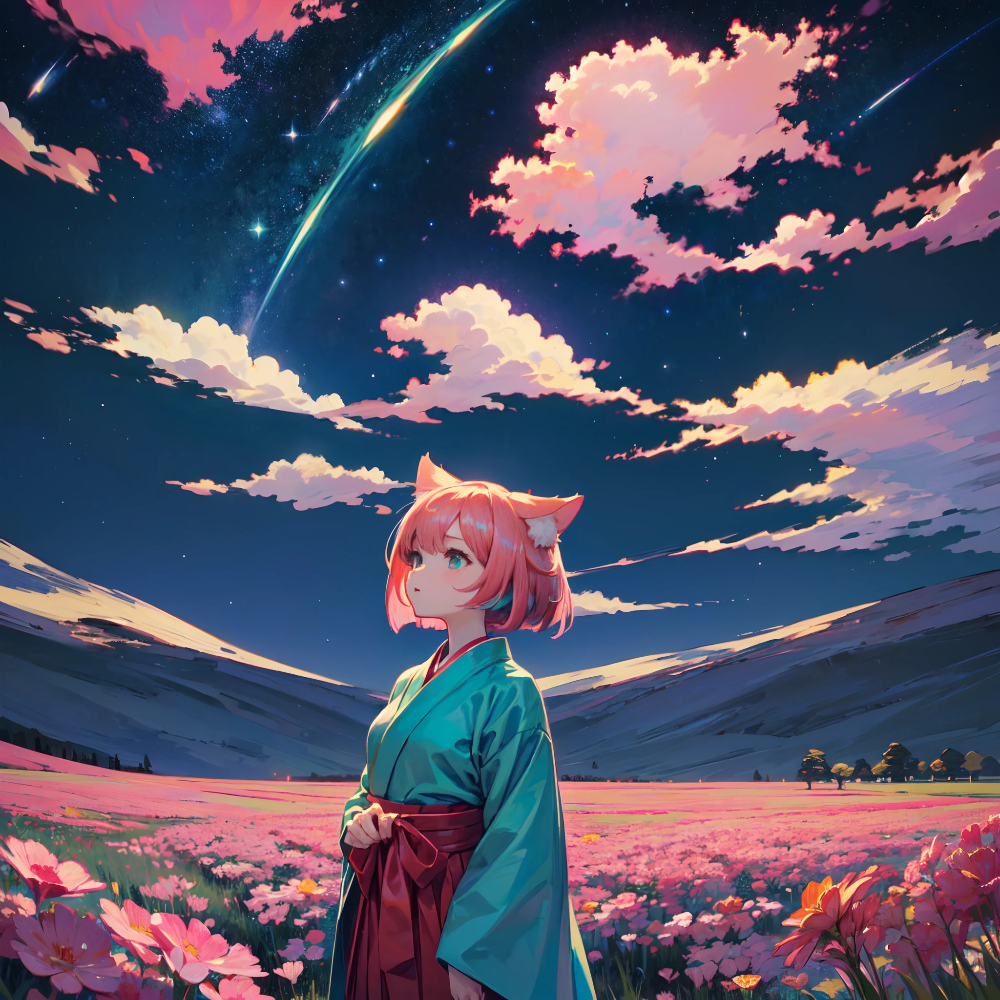 ((in the style of pixel art)), 16-bit, a wide landscape photo, (viewed from below, the ((dark starry night sky)) is above, and the open meadow is below), (pink nebula: 0.6), 1girl, ((nekomimi)), a distant ((catgirl wearing a miko hakama looking up)) is standing on the flower field, ((short turquoise hair in a wavy bob-cut))