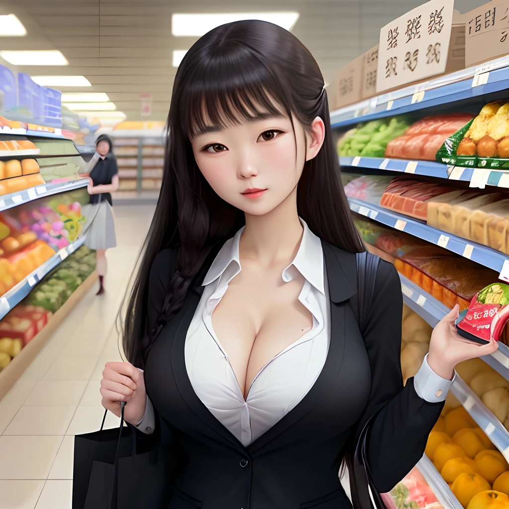 top-quality,In the supermarket,Lori huge breasts cleavage,School uniform,is shy,blacksilk,dual horsetail,binding