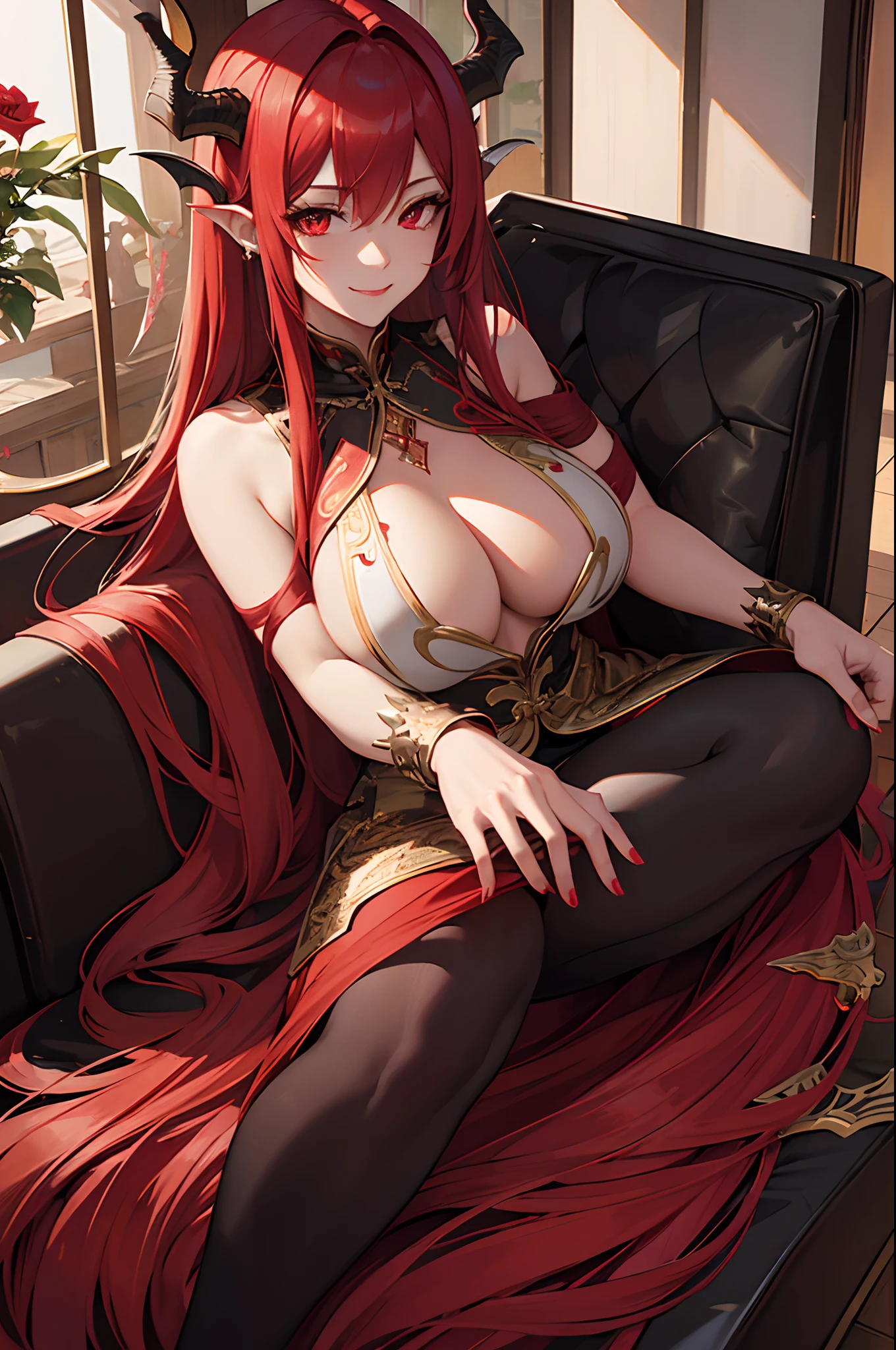 masterpiece, highlydetailed, ultra-detailed, solo, (1woman), long hair, red hair, young woman, dragon woman, red dragon, complex black dragon horns, dragon wings, red scales, beautiful, enchanting, red eyes, elegant, halo, big breast, friendly smile, charming, flame