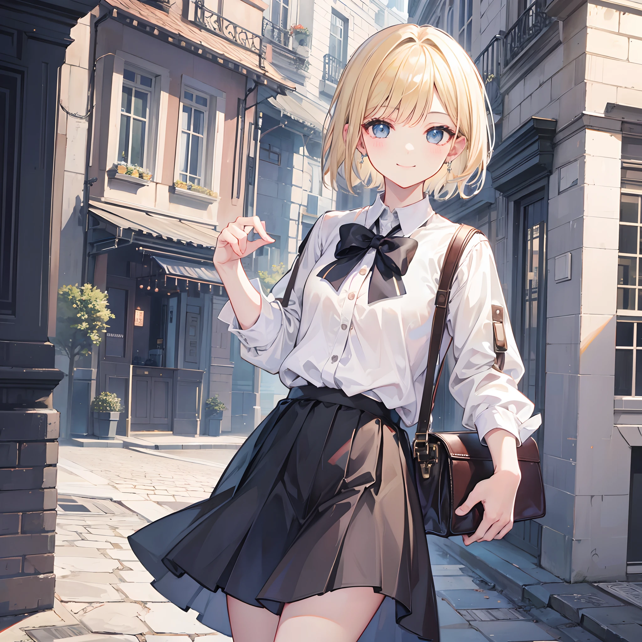 1 girl, smiling, european, skirt, (small) chillerism, short blonde hair, European street