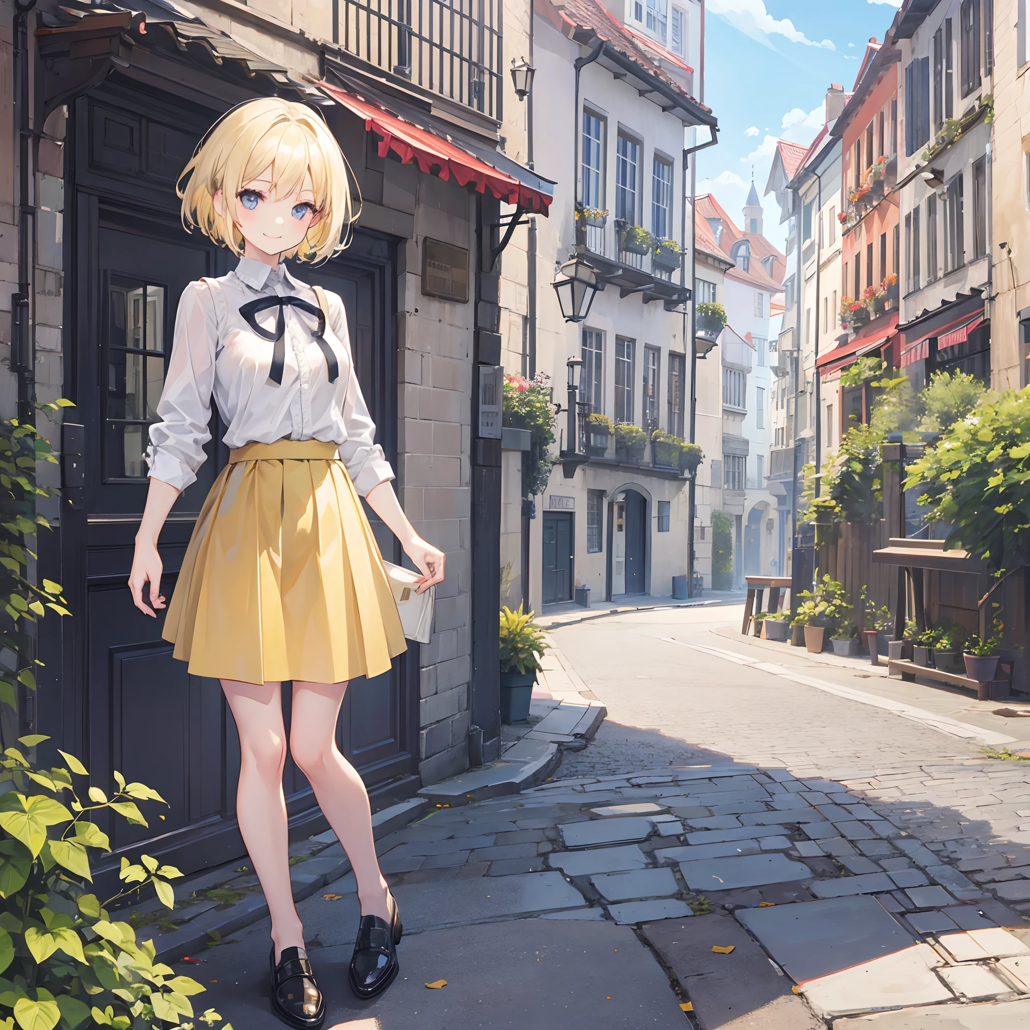 1 girl, smiling, european, skirt, (small) chillerism, short blonde hair, European street