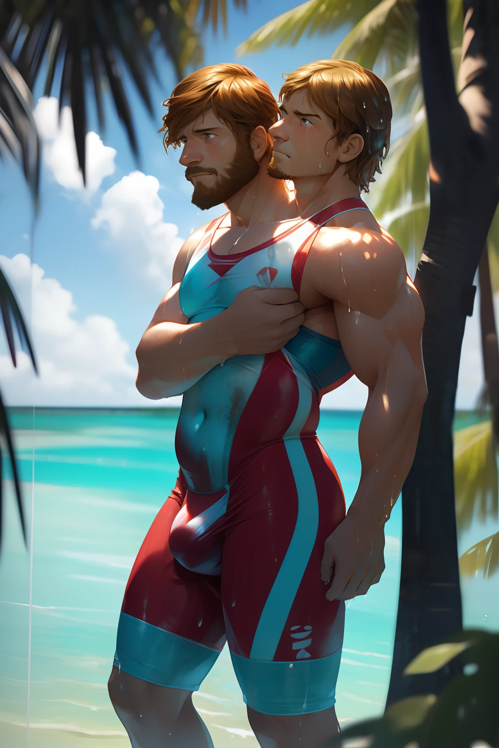 (((2heads))), realistic photography, a very sweaty pale 48 year old man, very pale and tan skin, (round face:1.3), (big rosy cheeks:1.2), (big bulge:1.3),fit, brown hair and blonde hair, beard, detailed eyes,, (wet gooey translucent white substance splattered on chest):1.2), unathletic, very wide shoulders,(bright red tight swimsuit) :1.5,wet, drenched:1.5, sweaty:1.7, short hair, unathletic, spread eagle in front of mangrove trees in turquoise waters, smiling, sad,serious,sexy,full body, realistic, detailed, noon, cloudless sky,outdoors