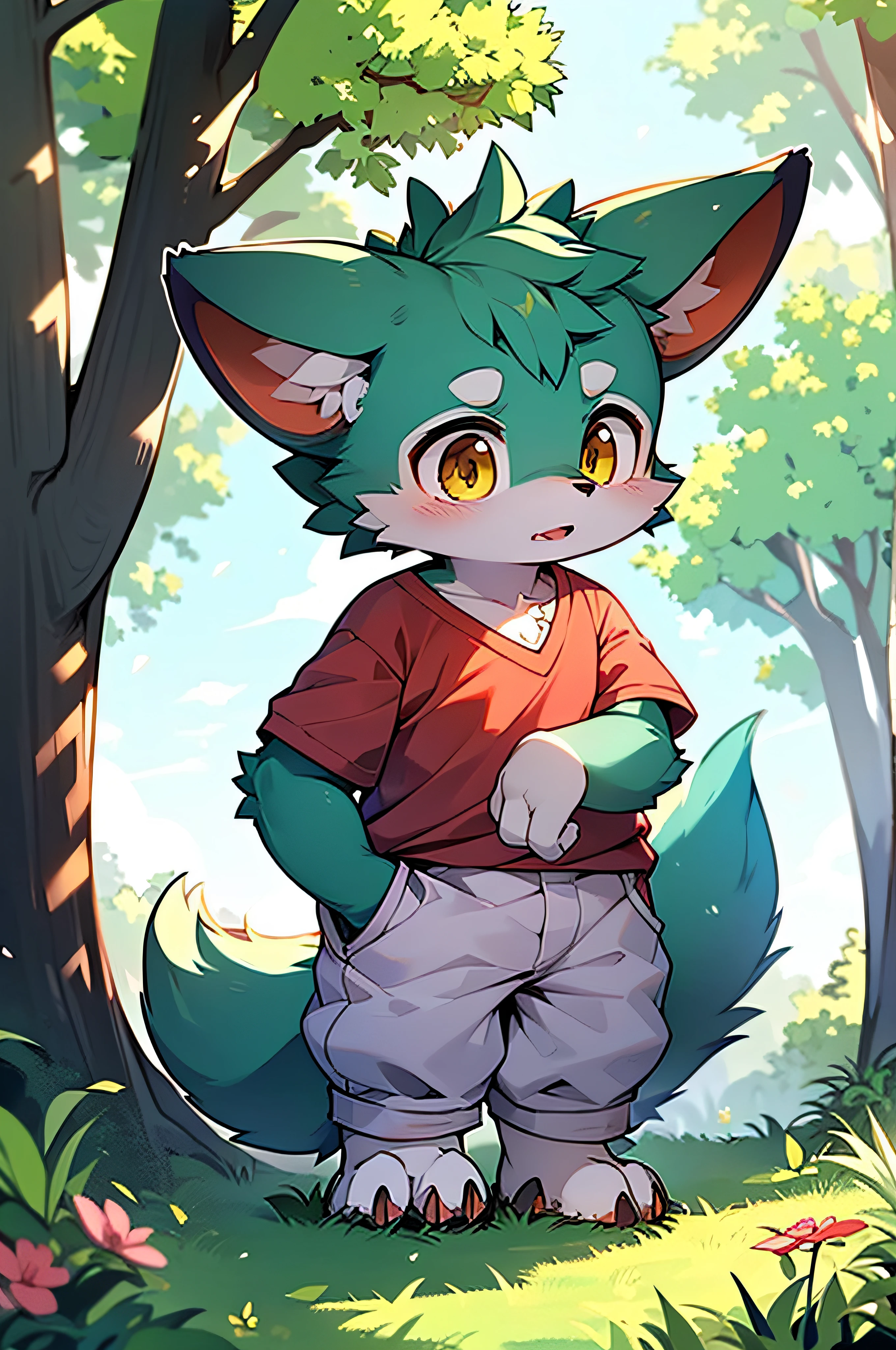 Furry,Fox,boy,8k resolution,最High resolution,                   High resolution,Wearing a hoodie,Green Eyes,summer,Stand on your feet,Two legs,Five fingers on a hand,Five toes,tall,：tall stature,fit,medium,Standard,green fur,A quiet residential area