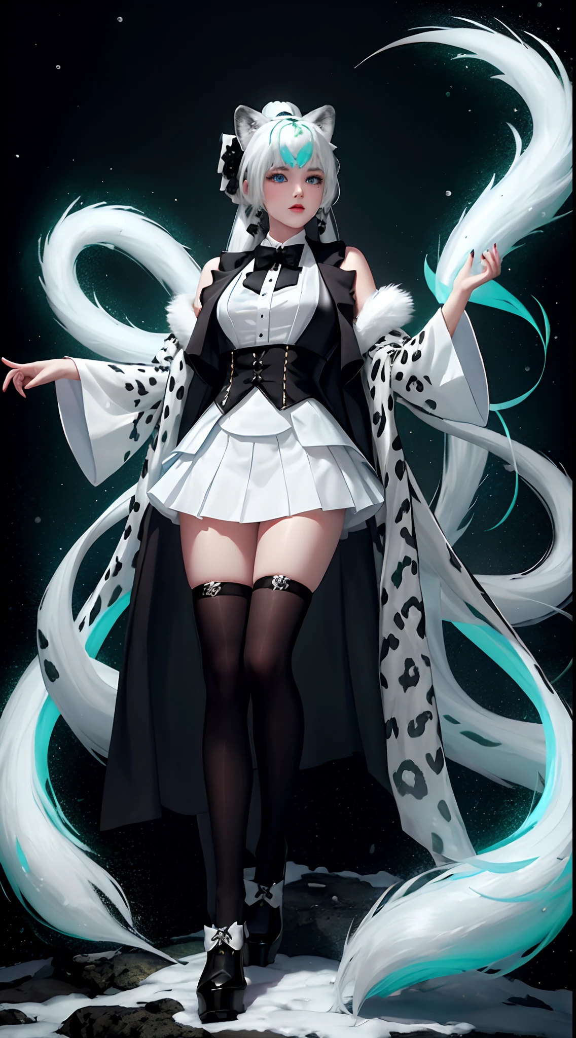 Snow Leopard Girl Green Gemstone Decoration Snow Leopard Tail Black Bow Tie White Hair Cute Black Short Skirt Furry White Leopard Ears Long Hair Double Ponytail Blue Eyes Black Over the Knee Socks Black Leather Shoes White Robe Selling Moe Girl