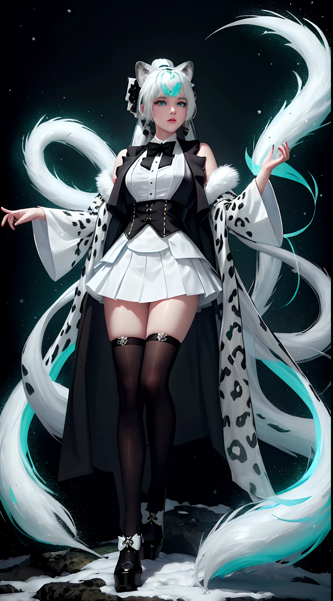 Snow Leopard Girl Green Gemstone Decoration Snow Leopard Tail Black Bow Tie White Hair Cute Black Short Skirt Furry White Leopard Ears Long Hair Double Ponytail Blue Eyes Black Over the Knee Socks Black Leather Shoes White Robe Selling Moe Girl