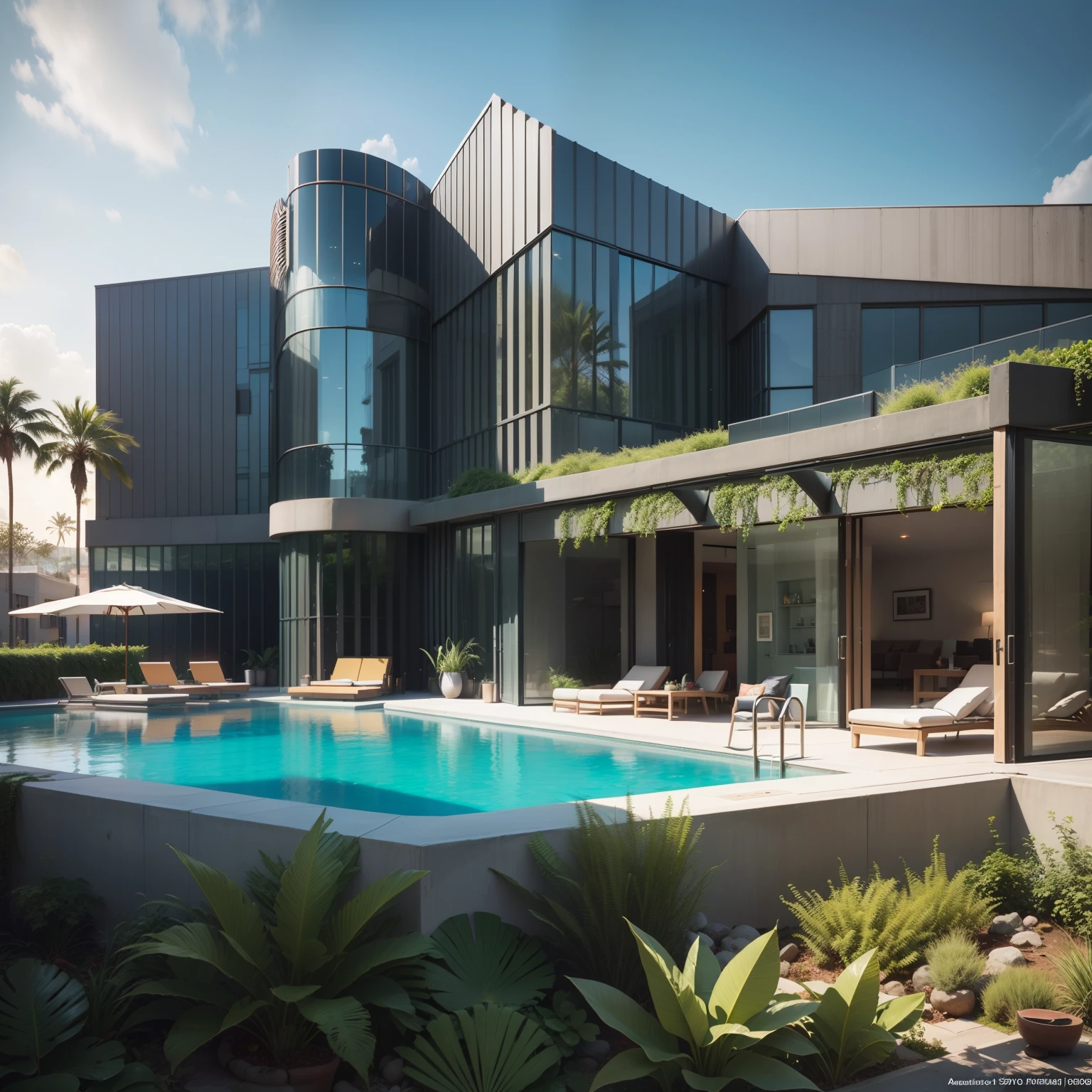 Grande hotel, Arquitetura futurista, building in the background, Architecture of a dark gray concrete building, madeira e vidro, Building with large lawn on the beach, Arquitetura moderna, grande piscina em frente ao hotel, restaurante interior com grandes fachadas em vidro, grandes candeeiros no interior, lots of vegetation around, hotel com 120 quartos, Arquitetura moderna, organic architecture, Geometria luxuosa, hiper-realista, Fantastic 8K architecture, UHD — AR 16: