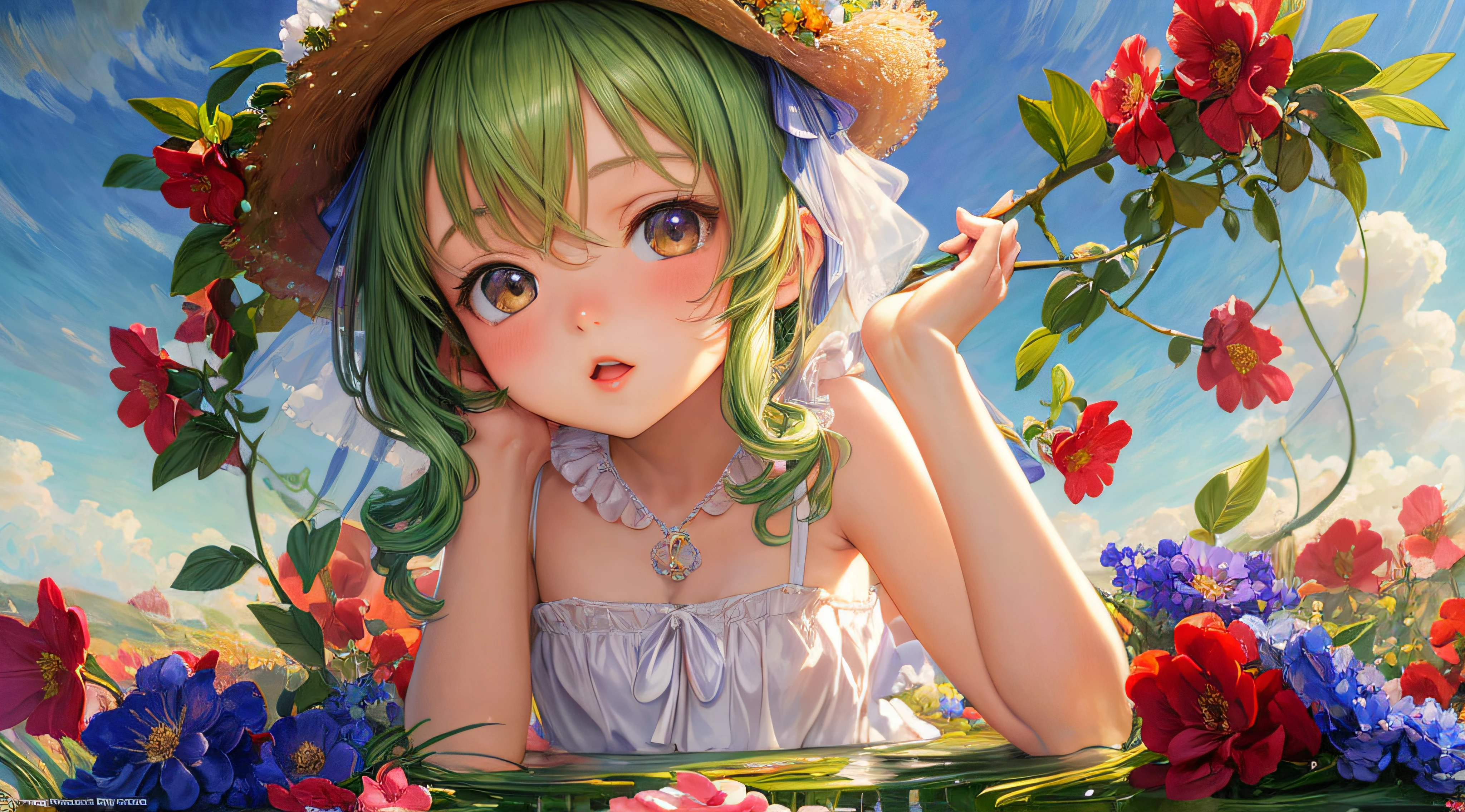 (masterpiece, best quality, ultra detailed:1.3), official anime art
, (loli little:1.5), (anime girl, solo, lustrous skin:1.1)
, soft lighting, (Mucha Fragonard Monet flower detailed background:1.1)
, Krenz Kchart, (Rembrandt Vermeer clothing:0.9), (Botticelli Bouguereau hair:0.8),