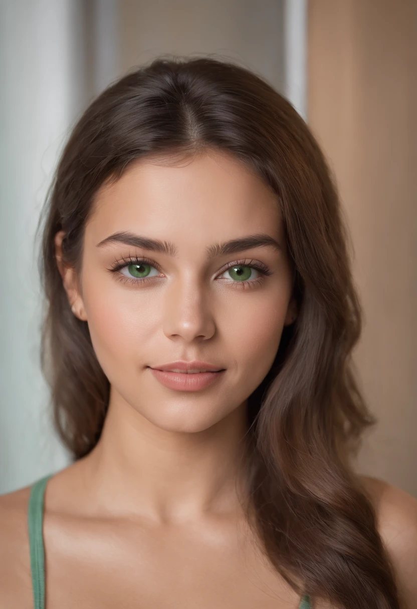 Close up 50mm lens photograph of a beautiful Latina woman naked, 21 years old, 133 lbs weight, 5.41 feet tall, straight light brown hair, light green eyes, tanned, 6 1/2 shoes, in casual clothes, she is looking at the camera with a mischievous smile on her face, she looks confident and lustful