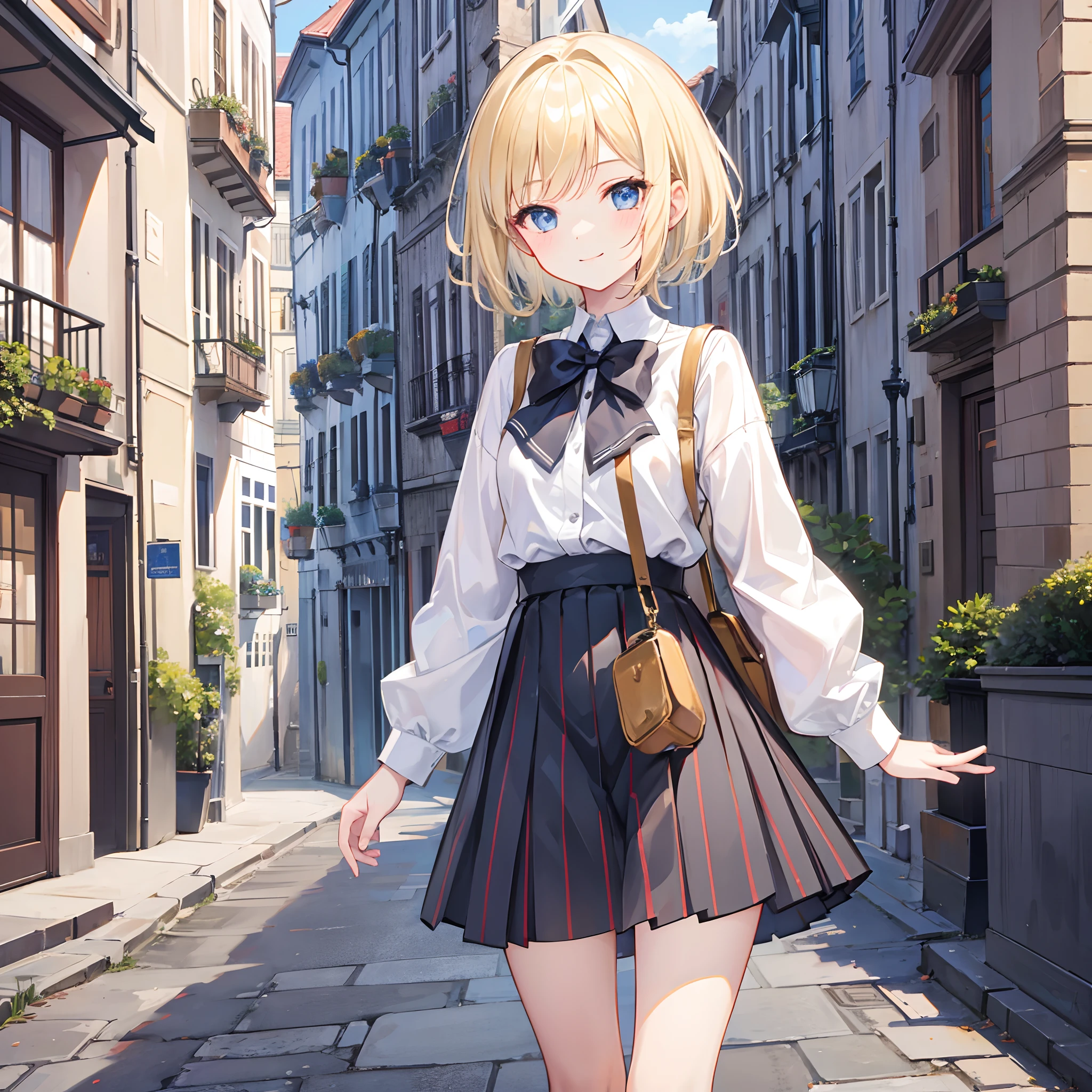 1 girl, smiling, european, skirt, (small) chillerism, short blonde hair, European street