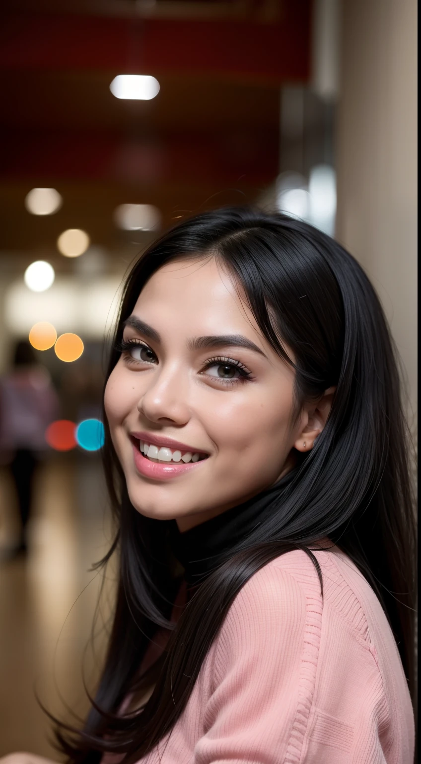 Malay girl, very long black hair, wavy hair, wear Artsy style outfit, laughing and posing with hand on head, touching her own head, wear handbag, from back view, windy, detail skin, age spot, detail skin texture, mole below eyes, medium breast, wide hips, small waists, thick thighs, slim abs, beautiful body, nighttime, laughing, happy, bright lighting, crowded dine hall, blur background, bokeh,