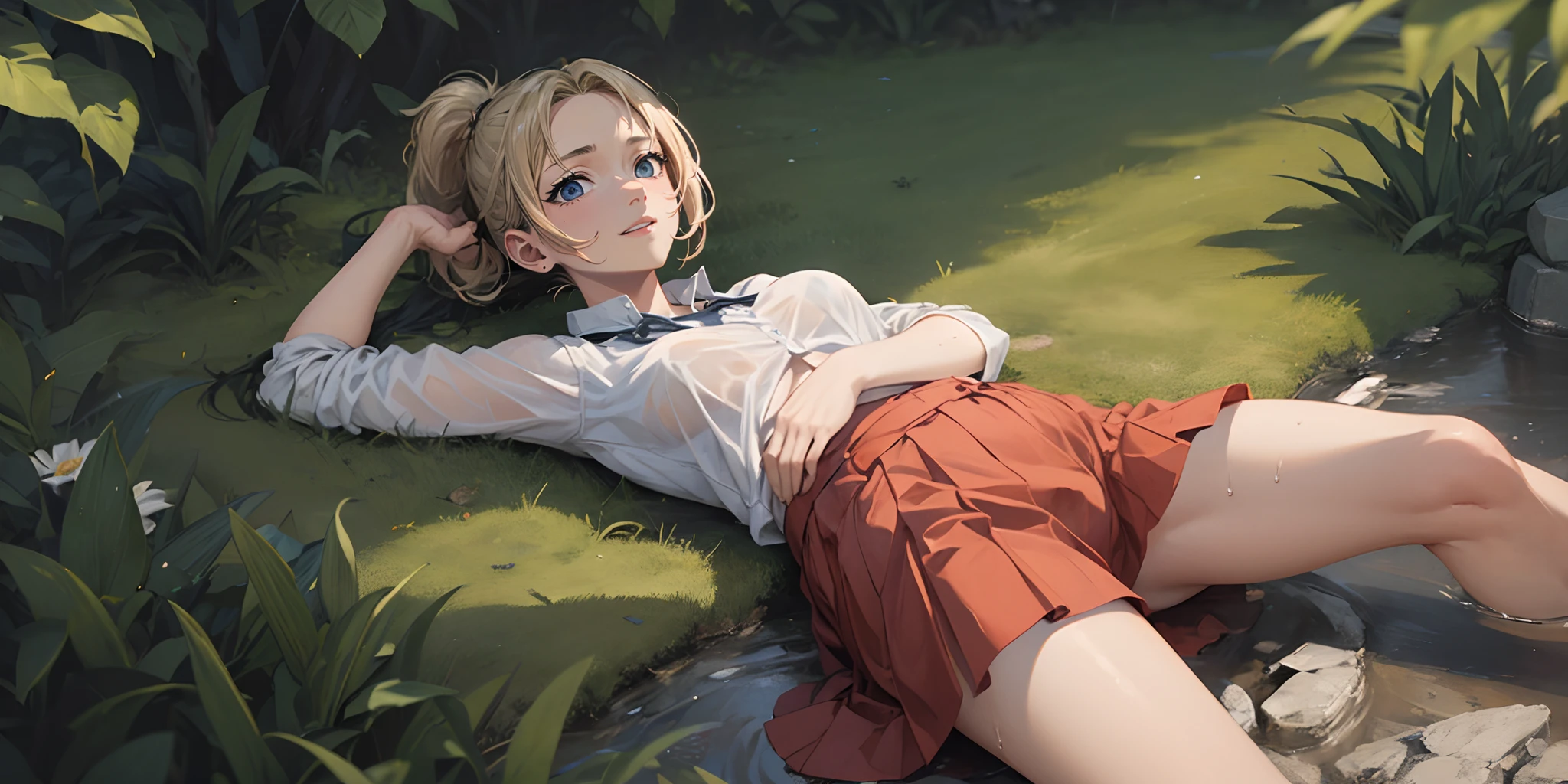 (blonde hair:1.4), blue eyes, low ponytail, (plump:1.2), 1girl, solo, wet, flower, lying, skirt, wet_clothes, see-through, on_back, looking_at_viewer, breasts, red_skirt, wet_shirt, shirt, outdoors, medium_breasts, water, blush,  pleated_skirt, bare_legs, day, underwear, (hand on breasts:1.4), glow effects, godrays, Hand drawn, render, 8k, octane render, cinema 4d, blender, dark, atmospheric 4k ultra detailed, cinematic, Sharp focus, big depth of field, Masterpiece, colors, 3d octane render, 4k, concept art, trending on artstation, hyperrealistic, Vivid colors, extremely detailed CG unity 8k wallpaper, trending on CGSociety, Intricate, High Detail, dramatic"",,"