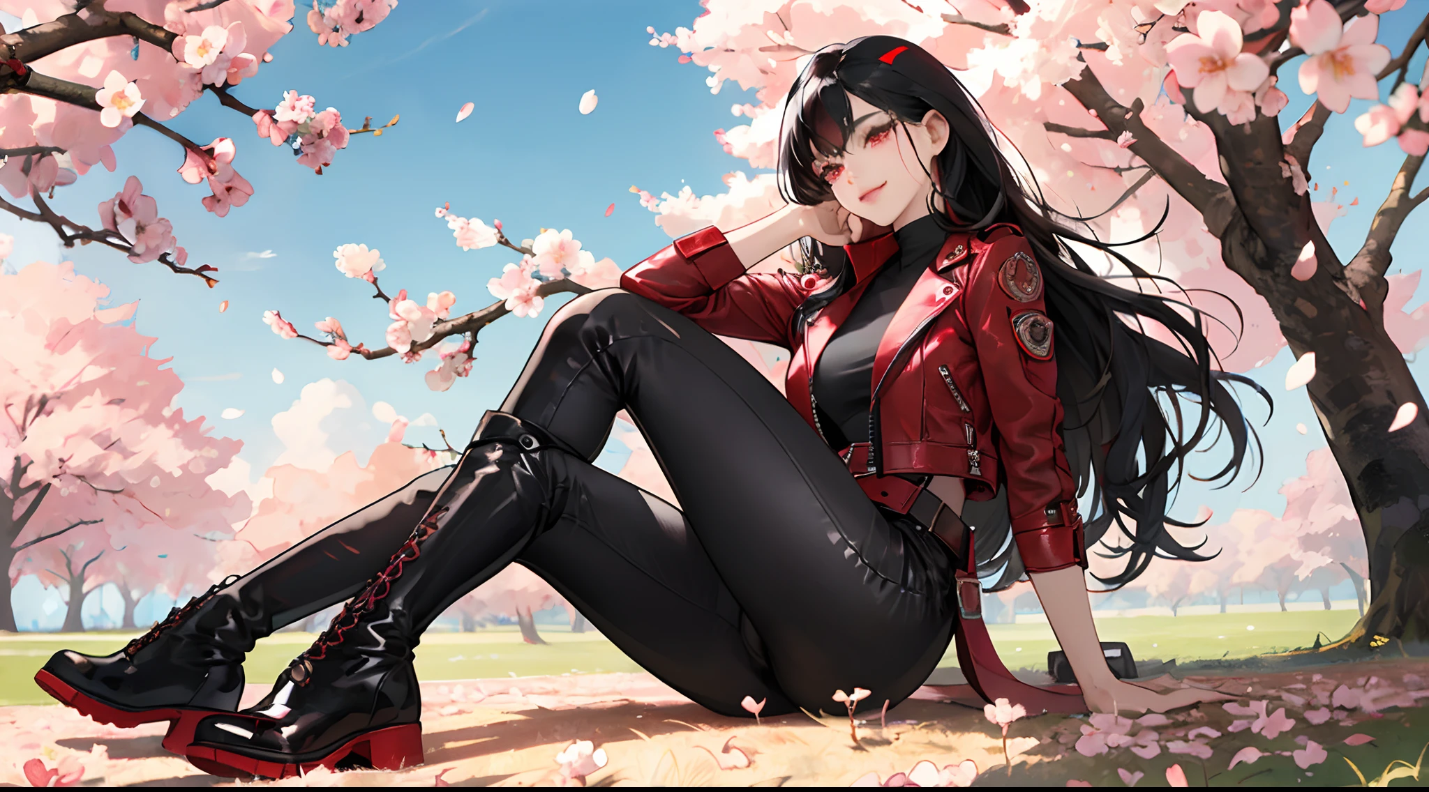 Samyang、 An 18-year-old woman, , red eyes, Red highlights on black hair, sharp eye,Sit on the lawn,Space with depth,some background blur, cherry trees,Cherry Blossom Frame,Sitting wildly,ssmile, look up to, Long straight hair, modeled,comic strip,animesque,busy,Comical illustration, Intricately decorated red leather jacket, Tight black leather pants,cross belt,Combat boots,独奏,Full body close-up,Delicately reproduced realistic illustrations,Realistic skin texture reproduction,Bright cherry blizzard,Light Racing 、((masterpiece))