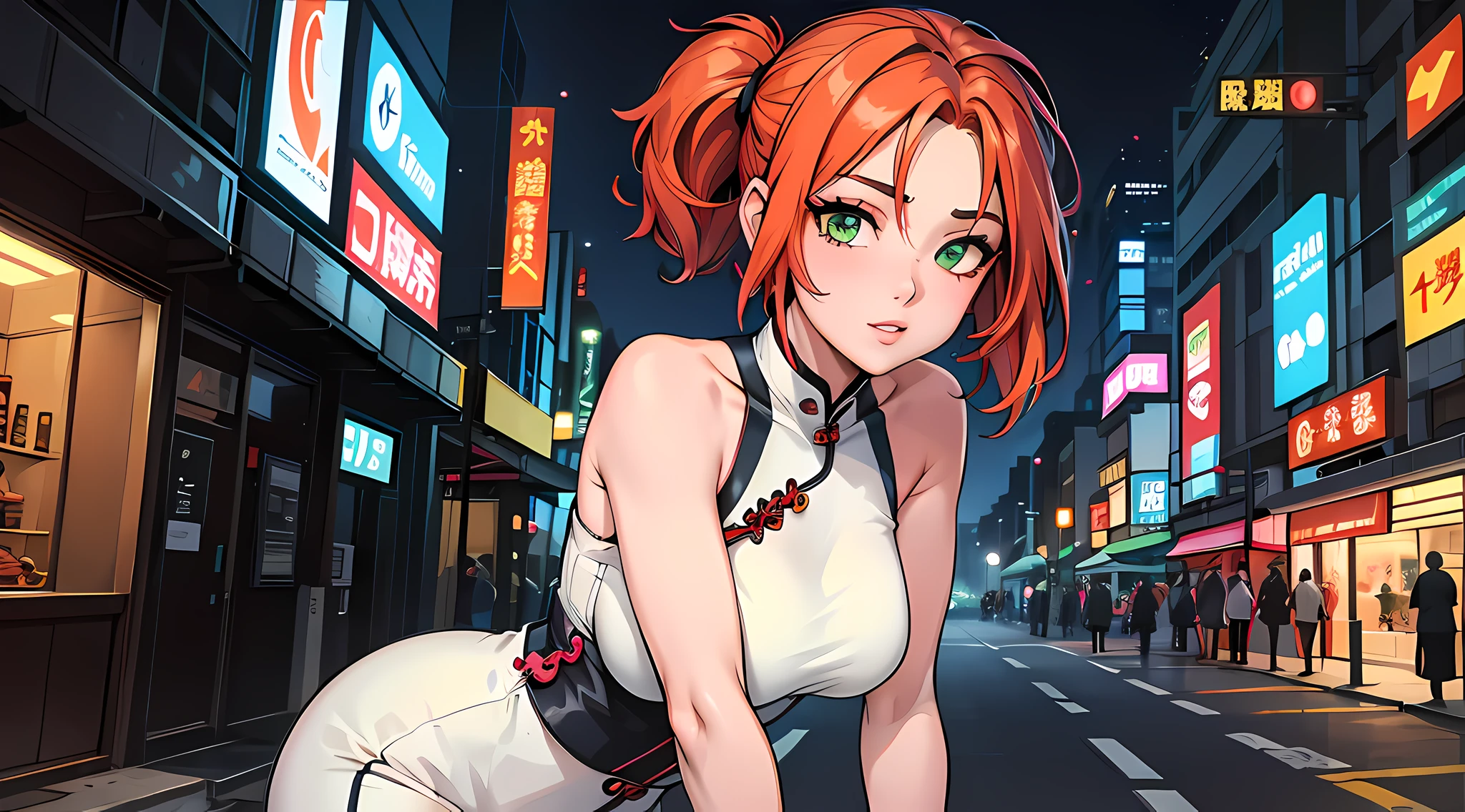1girl, longos cabelos ruivos, luzes refletido nos cabelos, olhos verdes penetrantes, cabelo tremulando ao vento, dynamic pose, vestindo Cheongsam com decote, foco no rosto, zoom no rosto, Olhando para o Viewer, Neon light, sozinha, ruas desertas, influenced by Japanese culture and aesthetics, Ambiente urbano tranquilo, rua Fundo, olhos ultra detalhados, obra-prima, fundo desfocado, 8k.
