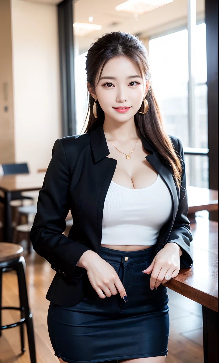 Delicate, Masterpiece, Beautiful Detail, Colorful, Fine Detail, Detail, Detail, Big Breasts, 1 Woman, (20 Year Old Beautiful Korean Woman: 1.1), (KPOP Idol, Korean Mix), (50mm Sigma f/1.4 ZEISS Lens, F1.4, 1/800s, ISO 100, Photo: 1.1), (Ponytail + Blonde: 1.2), Realistic: 1.4), (Spy: 1.2), (dark blue open jacket, shirt, skirt, tie, black pantyhose, Christian Louboutin \ (brand\): 1.3), earrings, necklace, armlets, (tavern: 1.2), (beautiful legs, tall woman, skinny, slim legs, thigh gap, model: 1.2), lens flare, happy smile from the front: 1.1), Dynamic pose, (make: 1.2), sitting on bar stools, Nogizaka idol, Korean idol, actress, gravure idol, armpit, arms crossed, android