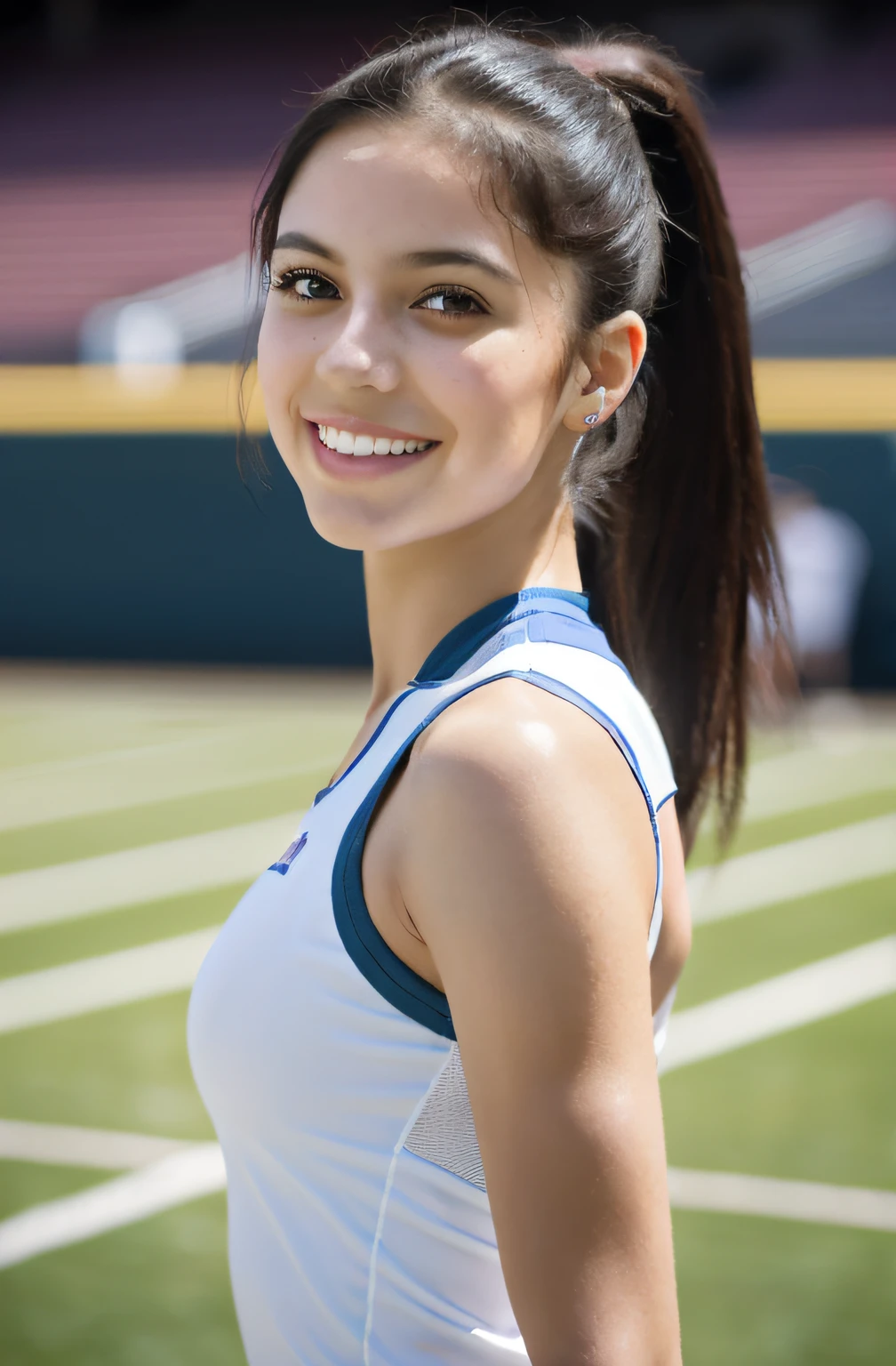 Latin girl. Dark hair. Straight hair. Dark Eyes. Teen. Young adult. Pretty. Popular. Outgoing. Cheerleader.