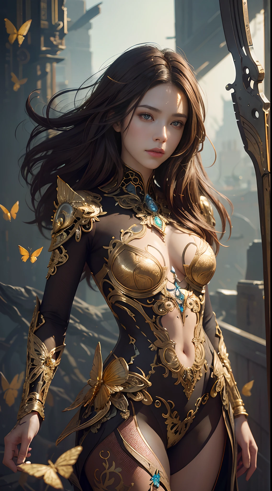 8k portrait of beautiful cyborg with brown hair, intricate, elegant, highly detailed, majestic, digital photography, art by artgerm and ruan jia and greg rutkowski surreal painting gold butterfly filigree, broken glass, (masterpiece, sidelighting, finely detailed beautiful eyes: 1.2), hdr,