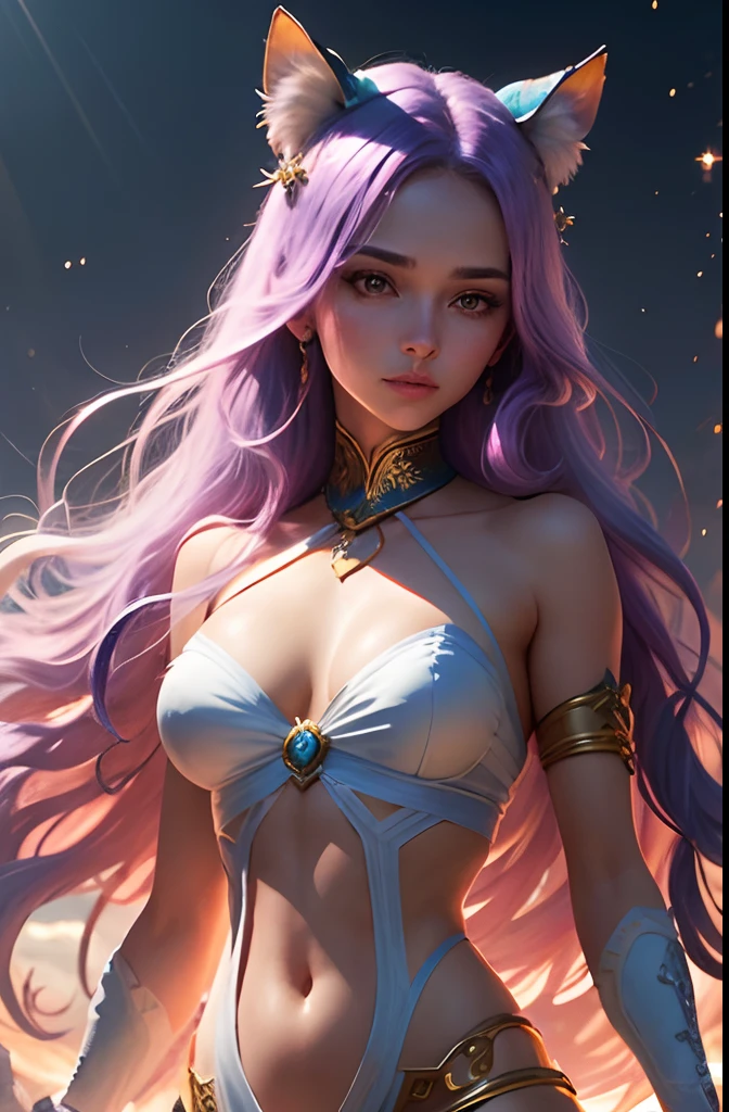 Certamente, Here is a more detailed and artistic version of the prompt:

"Spark your imagination and masterfully create a representation of a charming woman, de 26 anos de idade, com um toque de magia. Your hair is a cascade of vibrant purple, fluindo como um rio de ametista. Seus olhos, dourados como o brilho do sol poente, emanate mystery and wisdom. Delicate feline orelinhas adorn her temples, acrescentando um toque de fantasia.

Ela veste uma armadura elegante e moderna, Reminding a warrior of a magical world. The details of this look are a feast for the eyes, com cada placa meticulosamente esculpida, shining in the light of blue and yellow rays that cut through the dark scenery like strands of divine light. Her posture is that of an experienced warrior, pronta para enfrentar qualquer desafio que o destino lhe reserve.

This mysterious and beautiful woman is a true work of art of the imagination, e seu olhar, como o sol, Ilumina o mundo ao seu redor."