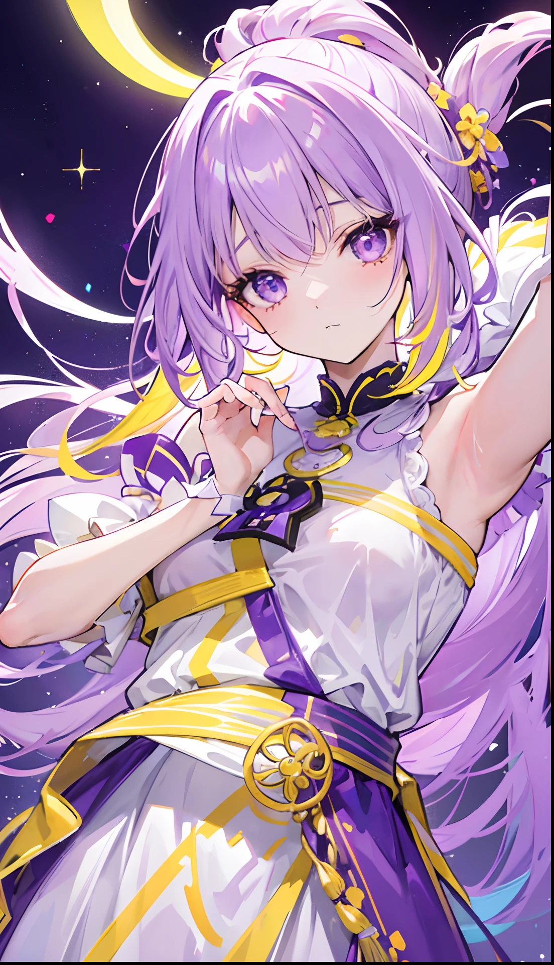 Long purple and yellow bangs that emit fluorescence,Tall ponytail hair with a radiant and vibrant look,A simple glow dress with purple, yellow and white accessories,The face is very sweet and tender, full of luster and glow,A cute and lively beautiful girl with a very attractive charm,The whole looks glow