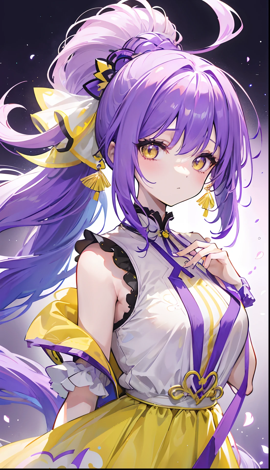 Long purple and yellow bangs that emit fluorescence，Tall ponytail hair with a radiant and vibrant look，A simple glow dress with purple, yellow and white accessories，The face is very sweet and tender, full of luster and glow，A cute and lively beautiful girl with a very attractive charm，The whole looks glow