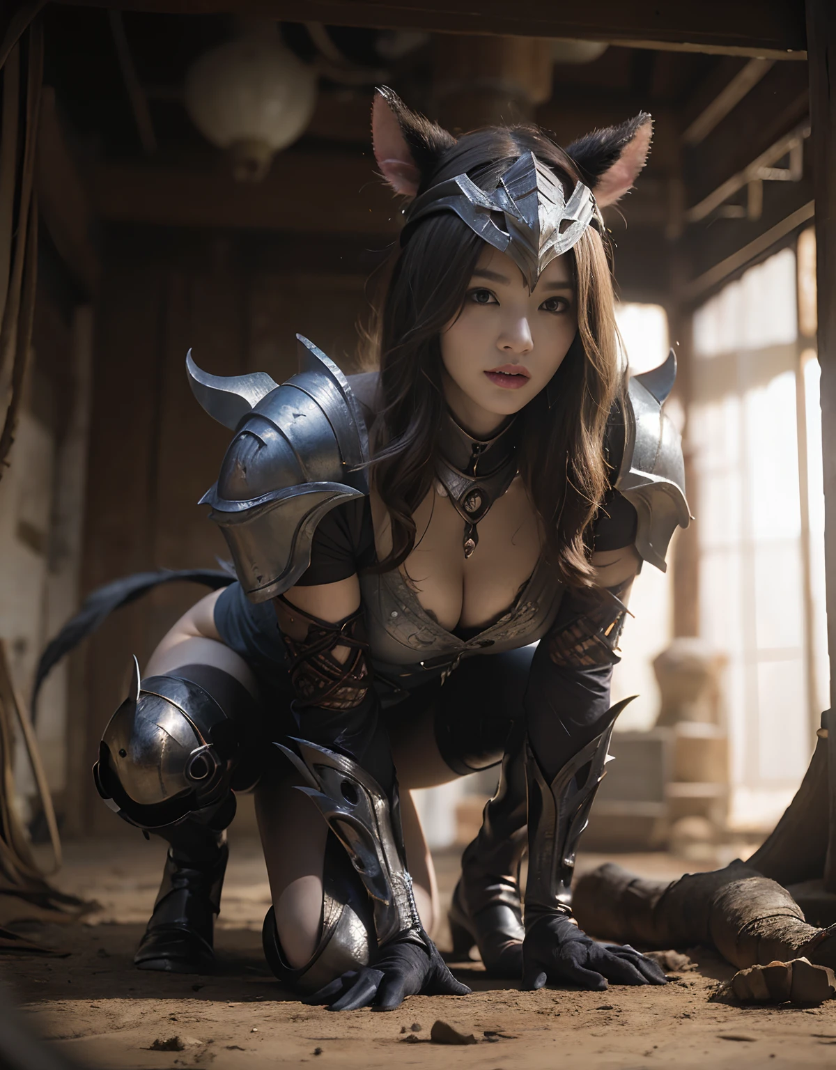 (One Knight Girl)、top-quality、masterpiece、超A high resolution、(Photorealsitic:1.4)、Raw photo、1人、Fight mutants、(Wear the Dark Knight's Armor)、glowy skin、(((Dark Fantasy)))、With a beautiful sword and shield、(Silver Metal Bodysuit)、(Kobold、ogre、Fierce battle with orcs),(Fight fiercely against aliens)、Fight fiercely、(Background of decaying dungeon ruins)、(Ultimate Beauty)、(Knight's helmet)、(Fighting Demonic Beasts)、(Small LED)、((super realistic details))、portlate、(Strong giant demon beast background),globalillumination、Shadow、octan render、8K、ultrasharp、Colossal tits、Raw skin is exposed in cleavage、metals、Details of complex ornaments、Japan details、highly intricate detail、Realistic light、(Mystical expression),CGSoation Trends、Red Eyes、radiant eyes、Facing the camera、mechanical cervical attaching to neck、(Wires and cables connecting to the head)、Gundam、Small LED、,Mechanical thighs、Toostock、(Hands are also made of machines)、(Attack of the Monster Beasts)、(Wounded in a deadly battle)、