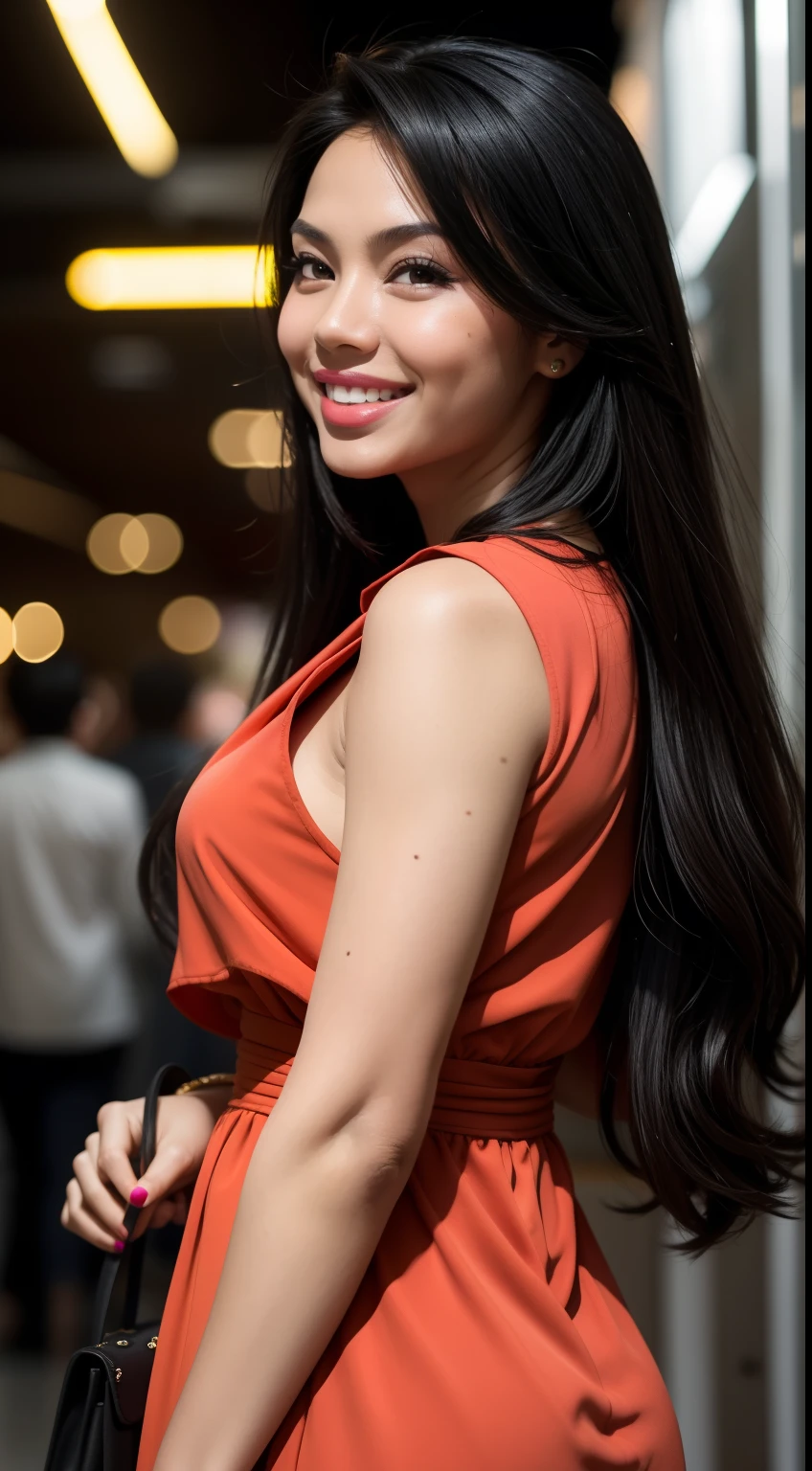 Malay girl, very long black hair, wavy hair, wear Artsy style outfit, laughing and posing with hand on head, touching her own head, wear handbag, from back view, windy, detail skin, age spot, detail skin texture, mole below eyes, medium breast, wide hips, small waists, thick thighs, slim abs, beautiful body, nighttime, laughing, happy, bright lighting, crowded dine hall, blur background, bokeh,