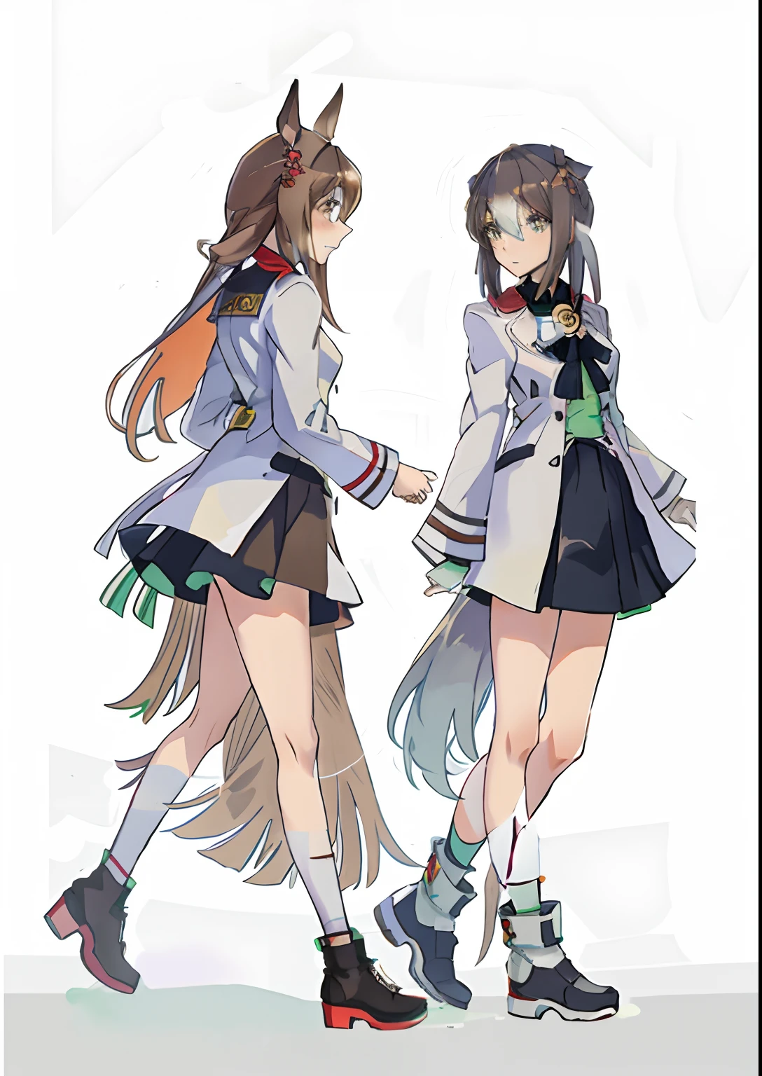 2girls walking, anime, skirts, boots, light tones, long hair