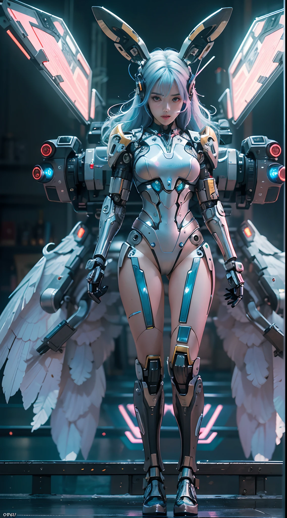 (wide wide shot),(Best quality,Masterpiece:1.2),(Futuristic cyborg woman), (Rabbit ears),Bright colored hair,((massive wings)),Her wings are a marvel of technology, A combination of a sturdy metal frame and a delicate translucent film,((Inside the mechanical body)),(Footwear),Metallic。nigth,(Facing the lens,Central symmetry),(standing on your feet),No man's street,Vibrant colors,Light trails and neon lights in the background,Science fiction art style.The lighting is dramatic, Bright areas contrast strongly with deep shadows, creating a sense of depth and dimension. The overall composition is vibrant and captivating, Centered on cyborg girls, Exude power, Grace, There is also a touch of mystery.
