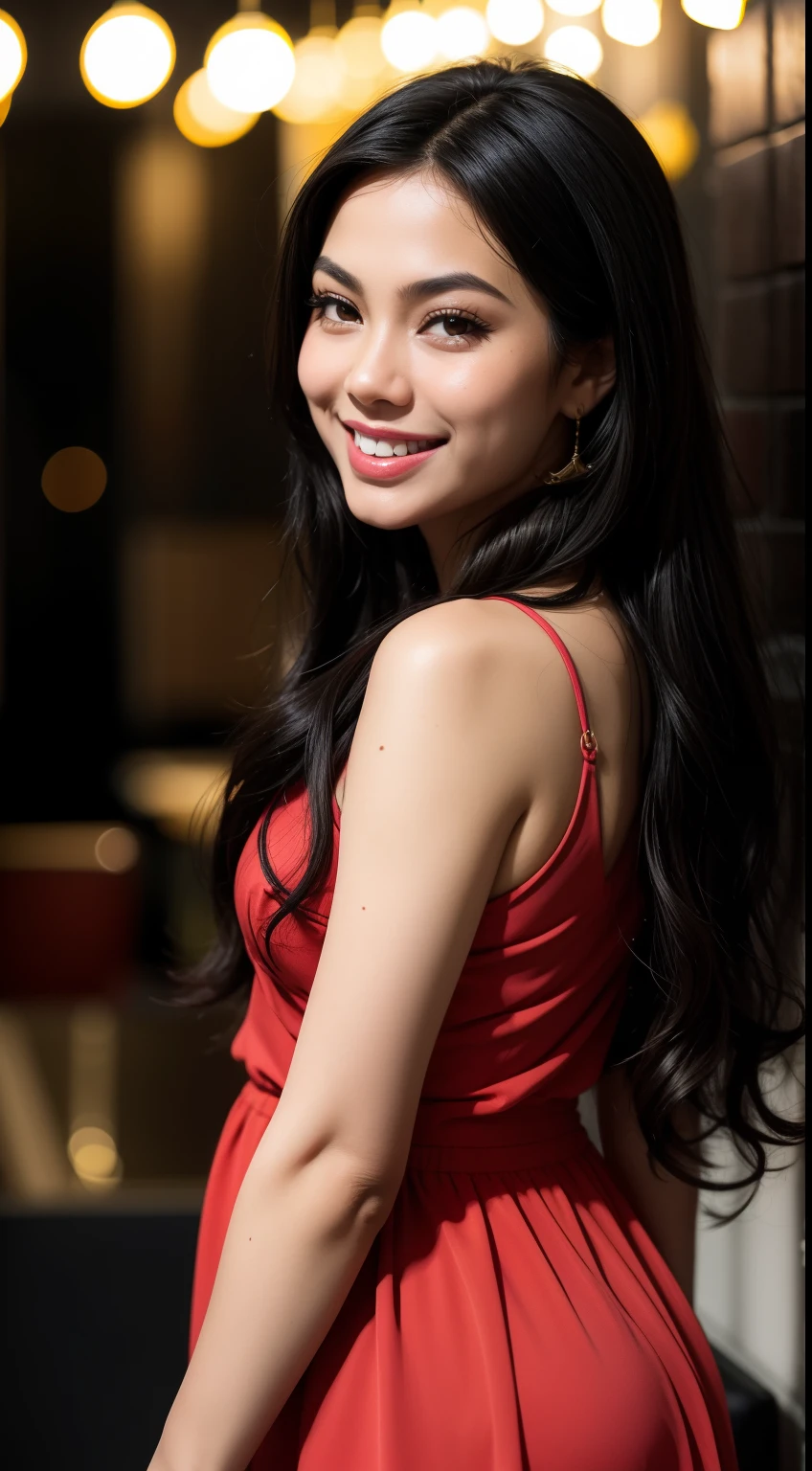 Malay girl, very long black hair, wavy hair, wear Artsy style outfit, laughing and posing with hand on head, touching her own head, wear handbag, from back view, windy, detail skin, age spot, detail skin texture, mole below eyes, medium breast, wide hips, small waists, thick thighs, slim abs, beautiful body, nighttime, laughing, happy, bright lighting, crowded dine hall, blur background, bokeh,