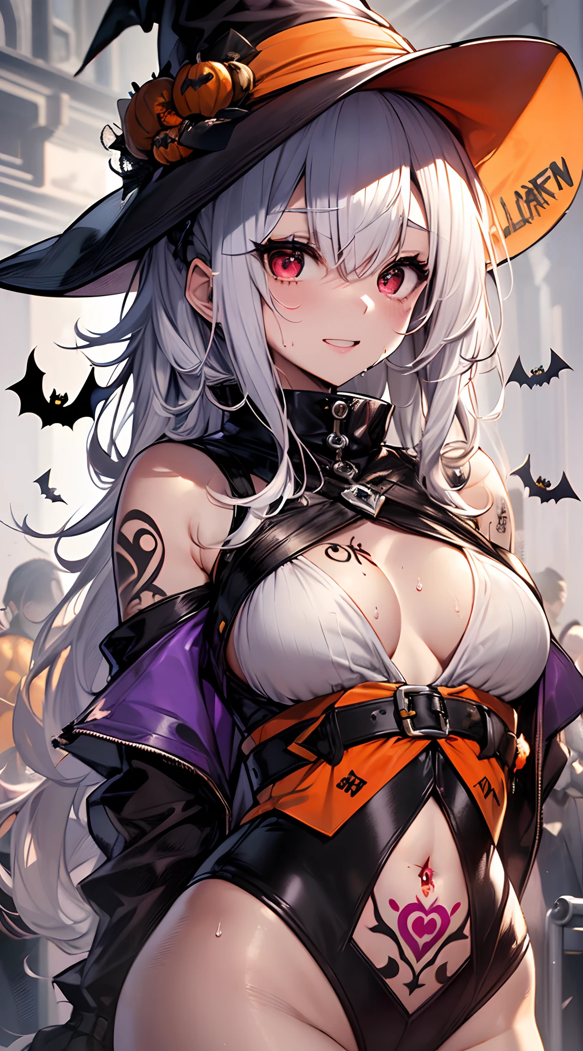 top-quality、Top image quality、in 8K,4K,​masterpiece、(NSFW:1.1)、ultra-detailliert、Beautiful、ultra-quality、cute little、girl with(((18year old、Halloween Costumes:1.5、the witch、Bust 78、silber hair、Short Bob、Red eyes、Skin shining with sweat、、erotick:1.4、Happiness、The tattoo)))、hiquality、visualart、Background with((Halloween:1.2))、masutepiece