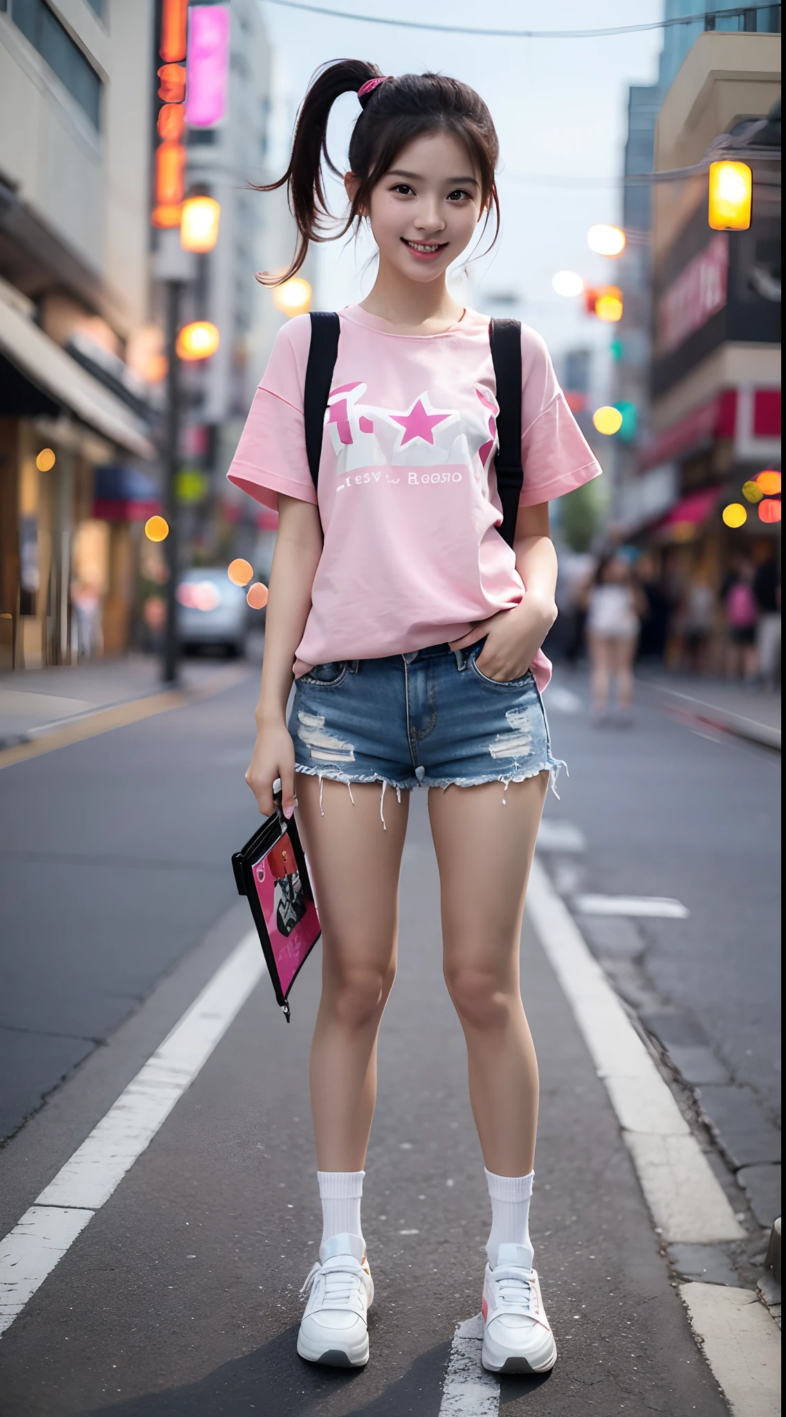 Cute and playful  loli skateboarding, Cute hairstyle, Cute star hairpins，Brown eyes,Random and cute photo action,（Pink Super David shirt，Shorts and white socks white skateboard shoes:1.1）,the street lights,neonlight,Bustling street background,(Loli figure:1.1,Princess Eyes),  （Perfect body proportions for a 17 year oldhe legs are straight，High quality, Masterpiece, Highly detailed，（Smile 0.6）Take three photos in a row，skin is smooth and fair，Q Elasticity，Milk skin