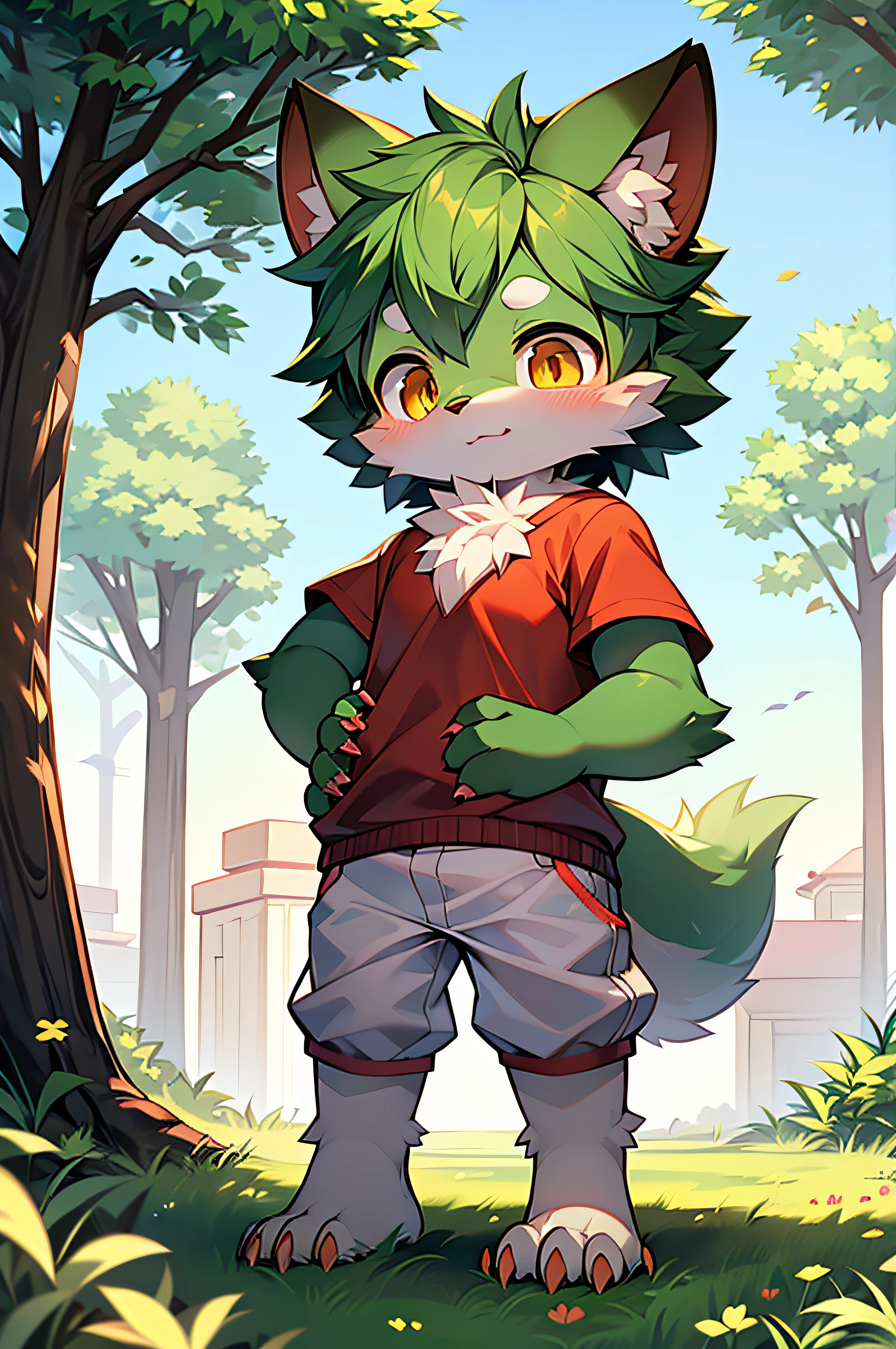 shaggy,shaggy,Green fur,Green fur,Green fur,Green fur,Green hair,male people,canid,adolable,The little fox,The little fox,The little fox,adolable,solo person,sharp talons,Detailed fur,Golden eyes,Thick eyebrows,Fluffy tail,red short sleeves,short white pants,ultra - detailed:1.0,Libido boy,toddlers,children,children's,Gamine,Beast too,adolable,adolable,Shota(Via Dagasi:1.1),anatomy correct,Barefoot,Red Claw,Bare claws,Barefoot paws,Barefoot paws,standing on your feet,attention,bald-headed,Animal foot paws,lawns,grassy fields,On the lawn,on a grassy field,Tread on the grass,Trampling on small grass,Tread on the grass,Trampling the meadow,Tread on the lawn,Trampling the lawn