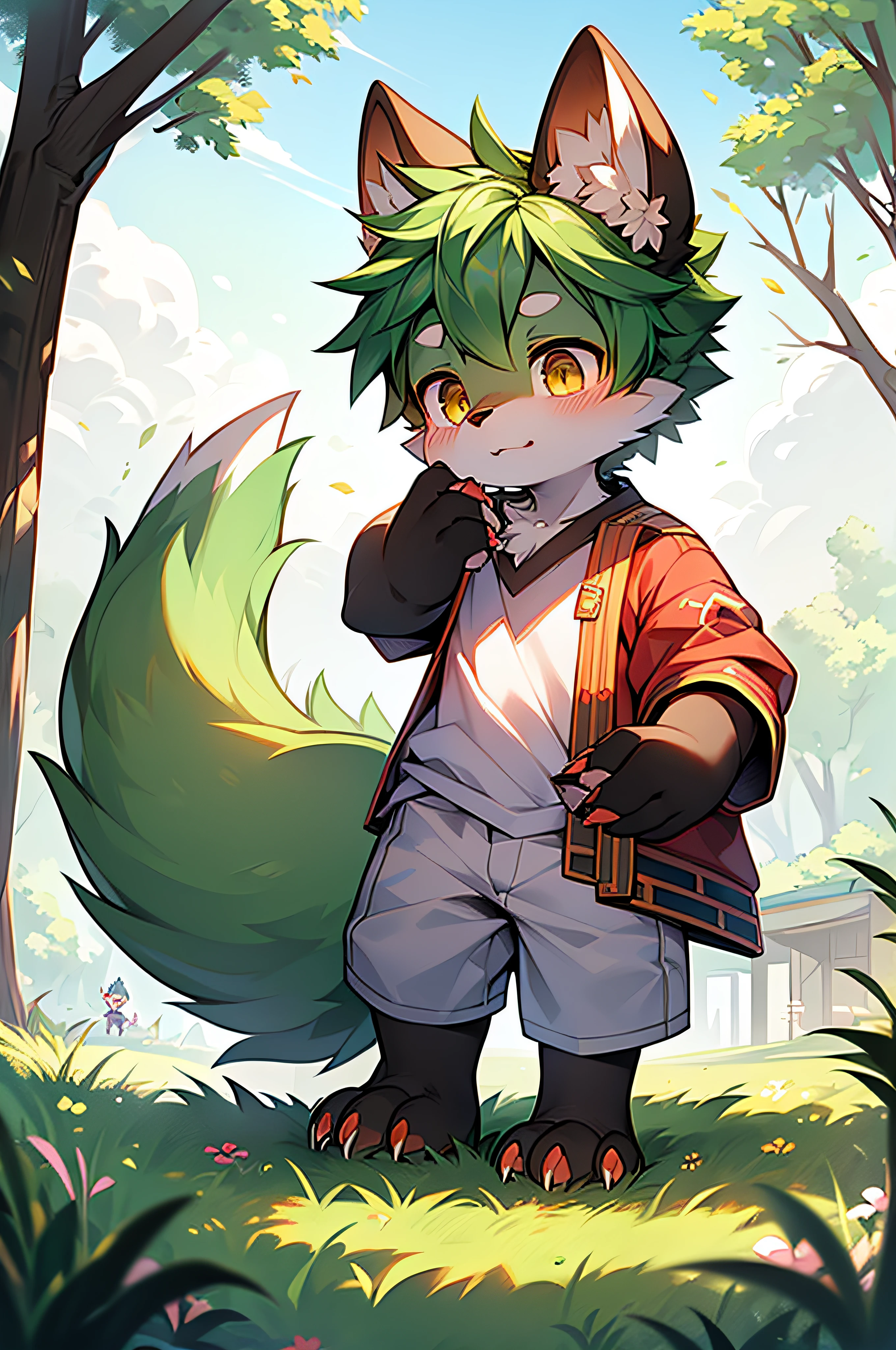shaggy,shaggy,Green fur,Green fur,Green fur,Green fur,Green hair,male people,canid,adolable,The little fox,The little fox,The little fox,adolable,solo person,sharp talons,Detailed fur,Golden eyes,Thick eyebrows,Fluffy tail,red short sleeves,short white pants,ultra - detailed:1.0,Libido boy,toddlers,children,children's,Gamine,Beast too,adolable,adolable,Shota(Via Dagasi:1.1),anatomy correct,Barefoot,Red Claw,Bare claws,Barefoot paws,Barefoot paws,standing on your feet,attention,bald-headed,Animal foot paws,lawns,grassy fields,On the lawn,on a grassy field,Tread on the grass,Trampling on small grass,Tread on the grass,Trampling the meadow,Tread on the lawn,Trampling the lawn