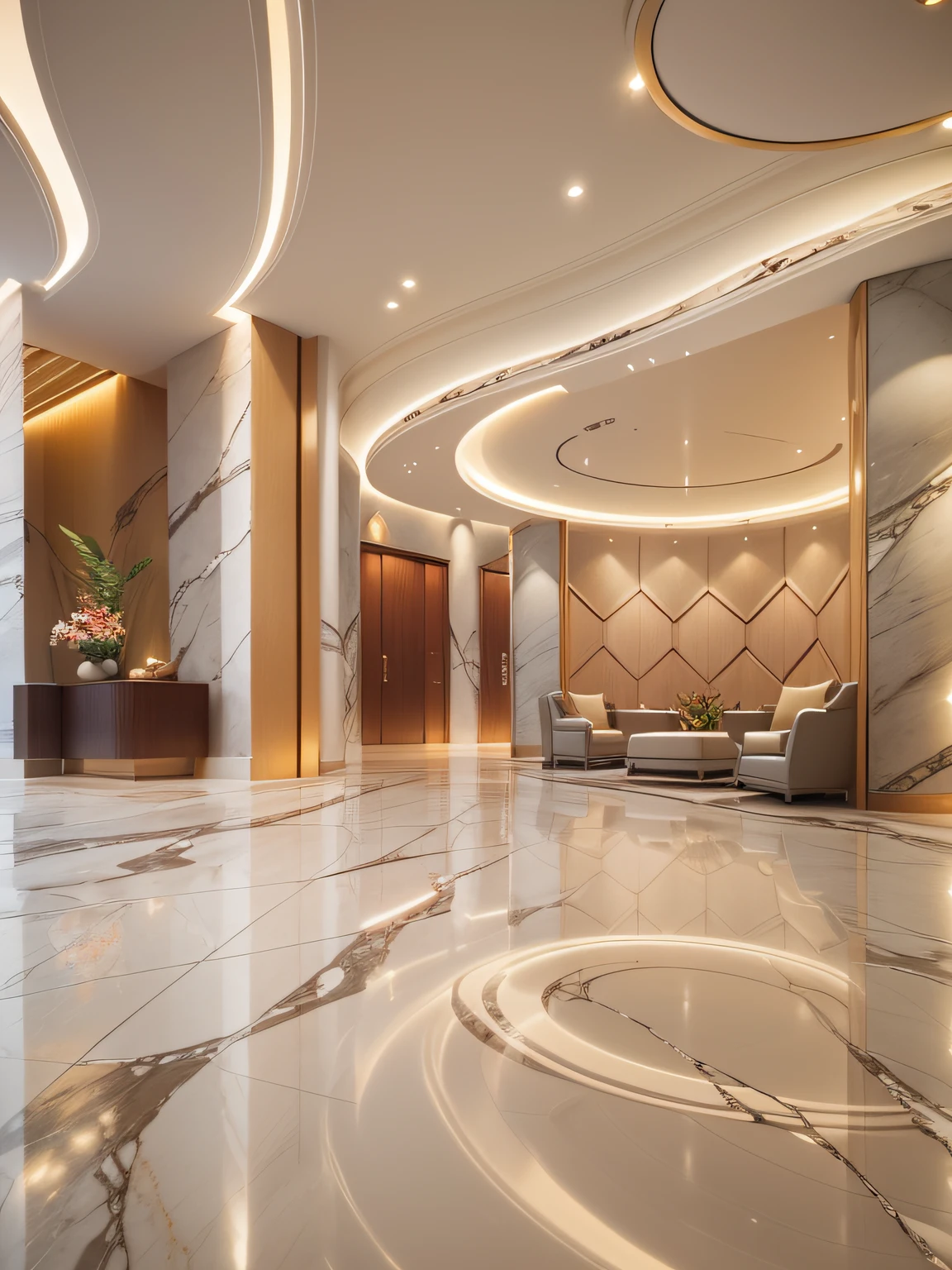 spacious, Quiet and welcoming hotel lobby,Marble decoration,Soft and soothing lighting softly illuminates the entire space,creating a serene and peaceful atmosphere,super wide shot