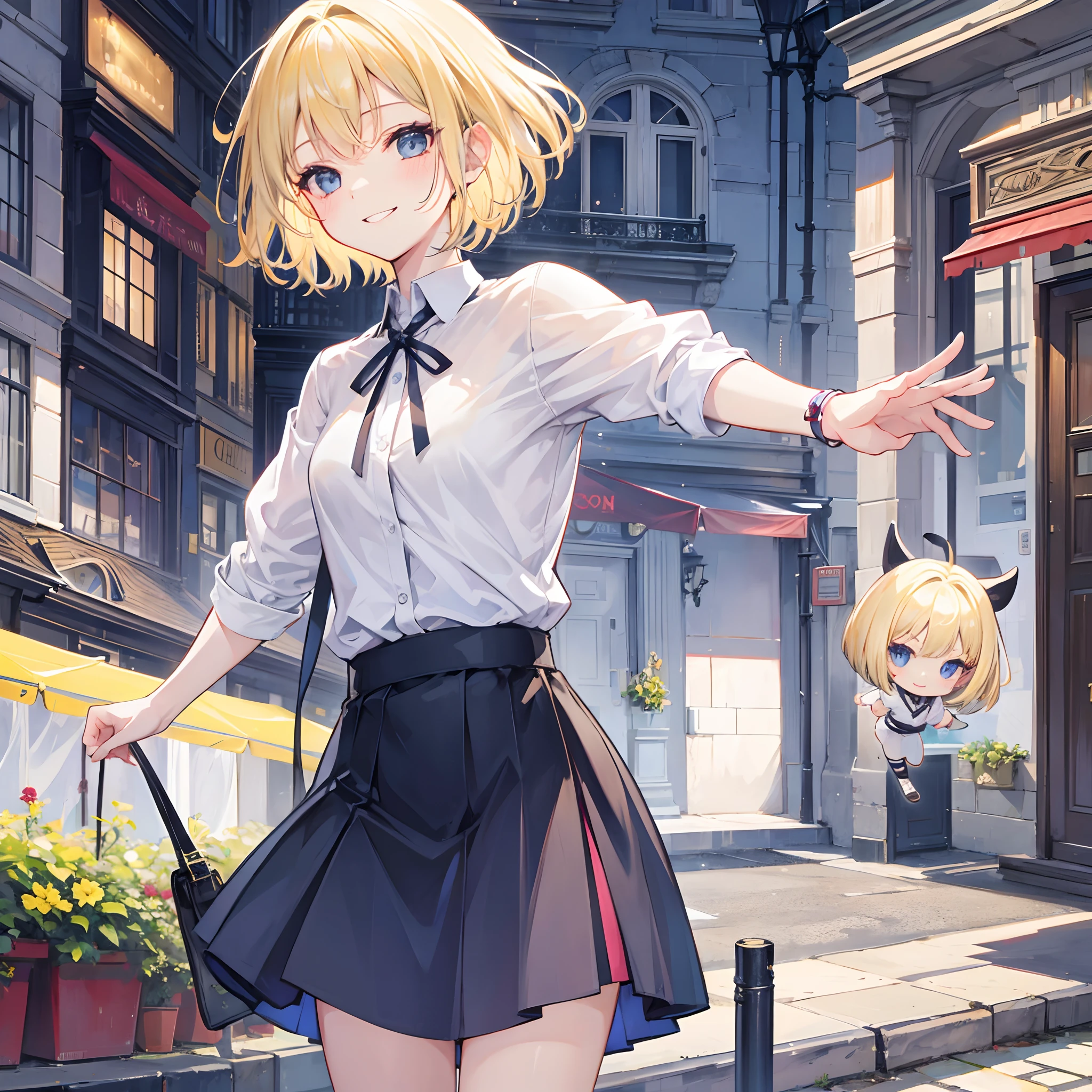 1 girl, smiling, european, skirt, (small) chillerism, short blonde hair, European street