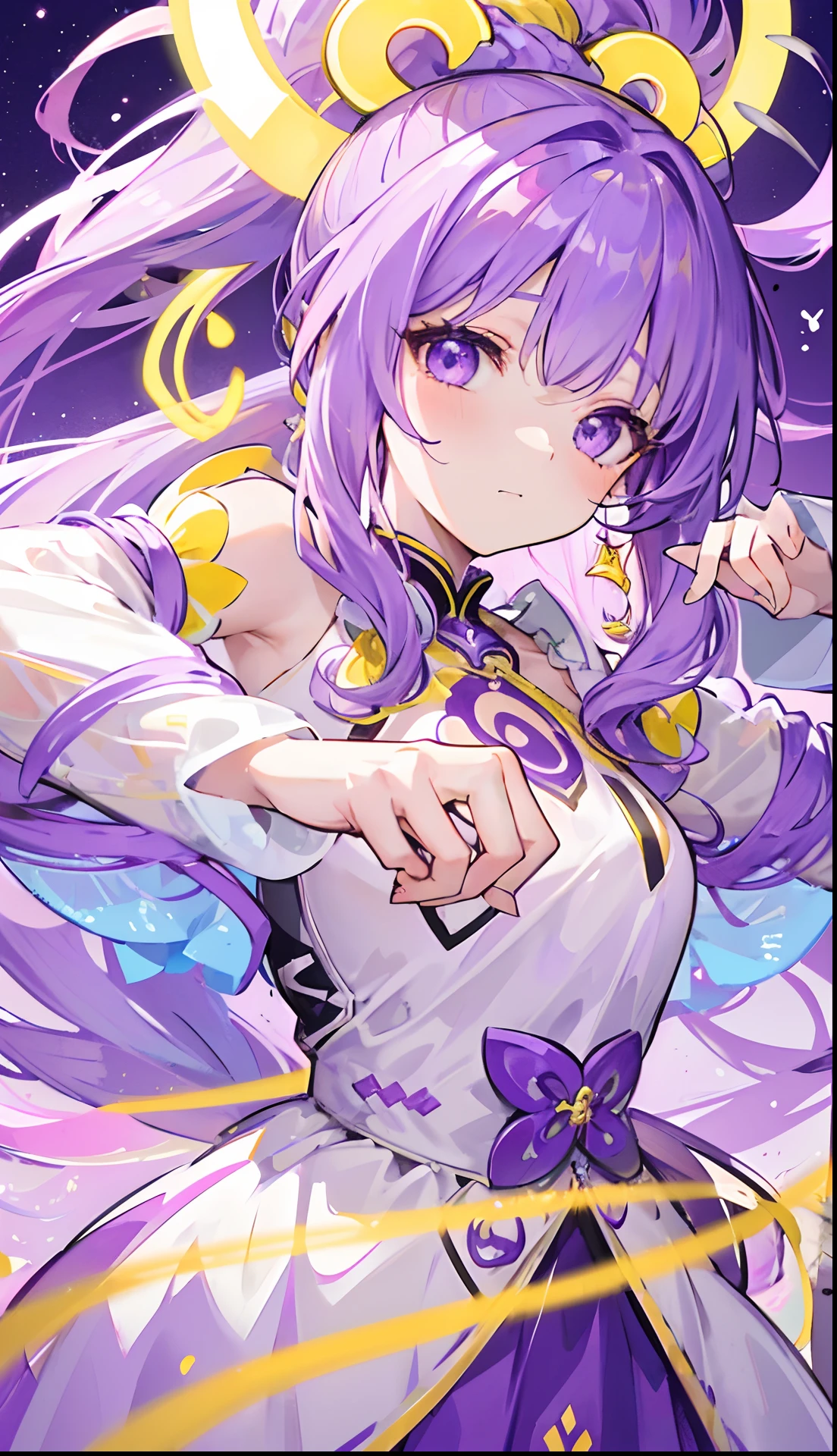 Long purple and yellow bangs that emit fluorescence,Tall ponytail hair with a radiant and vibrant look,A simple glow dress with purple, yellow and white accessories,The face is very sweet and tender, full of luster and glow,A cute and lively beautiful girl with a very attractive charm,The whole looks glow