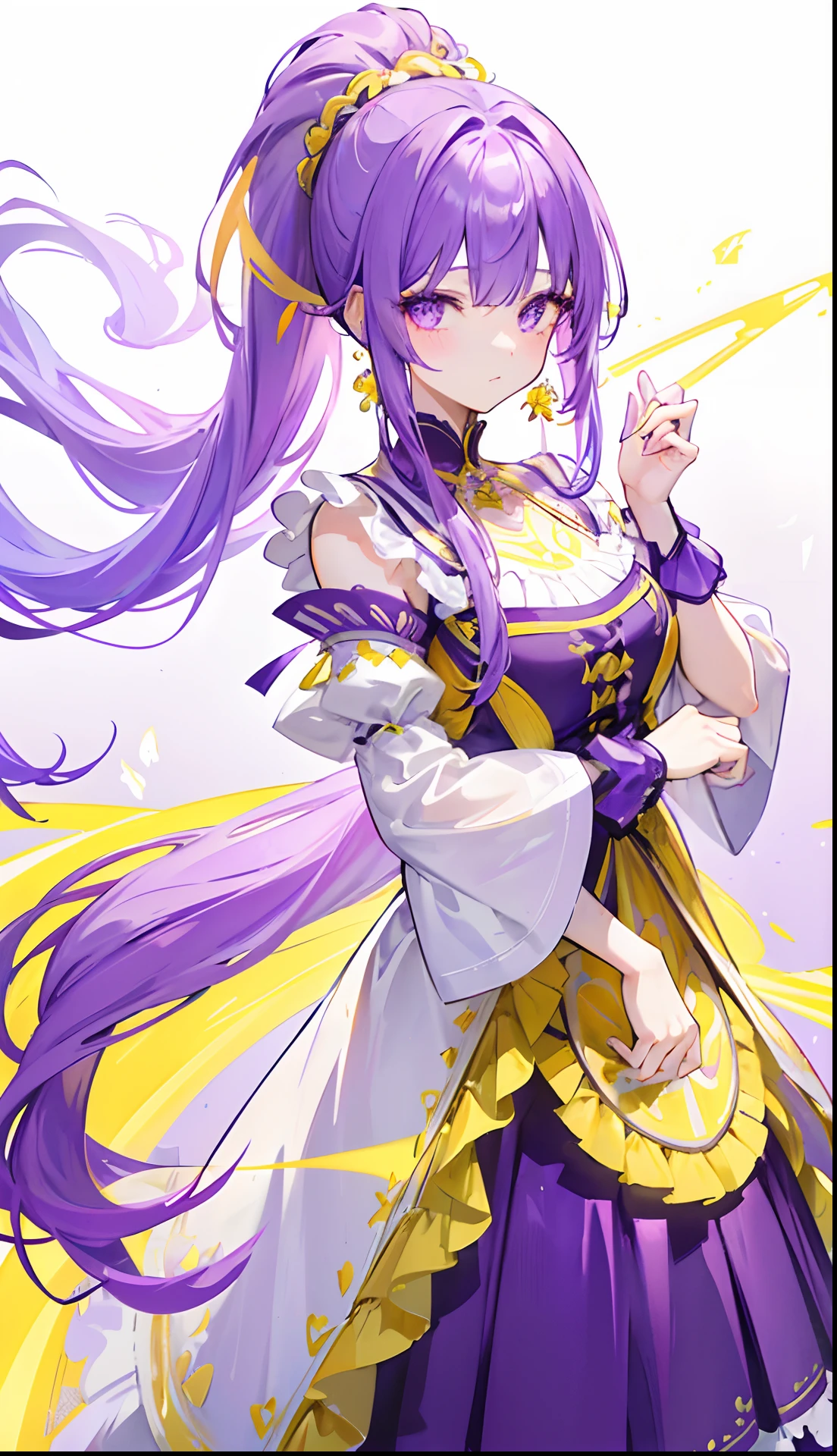 Long purple and yellow bangs that emit fluorescence,Tall ponytail hair with a radiant and vibrant look,A simple glow dress with purple, yellow and white accessories,The face is very sweet and tender, full of luster and glow,A cute and lively beautiful girl with a very attractive charm,The whole looks glow