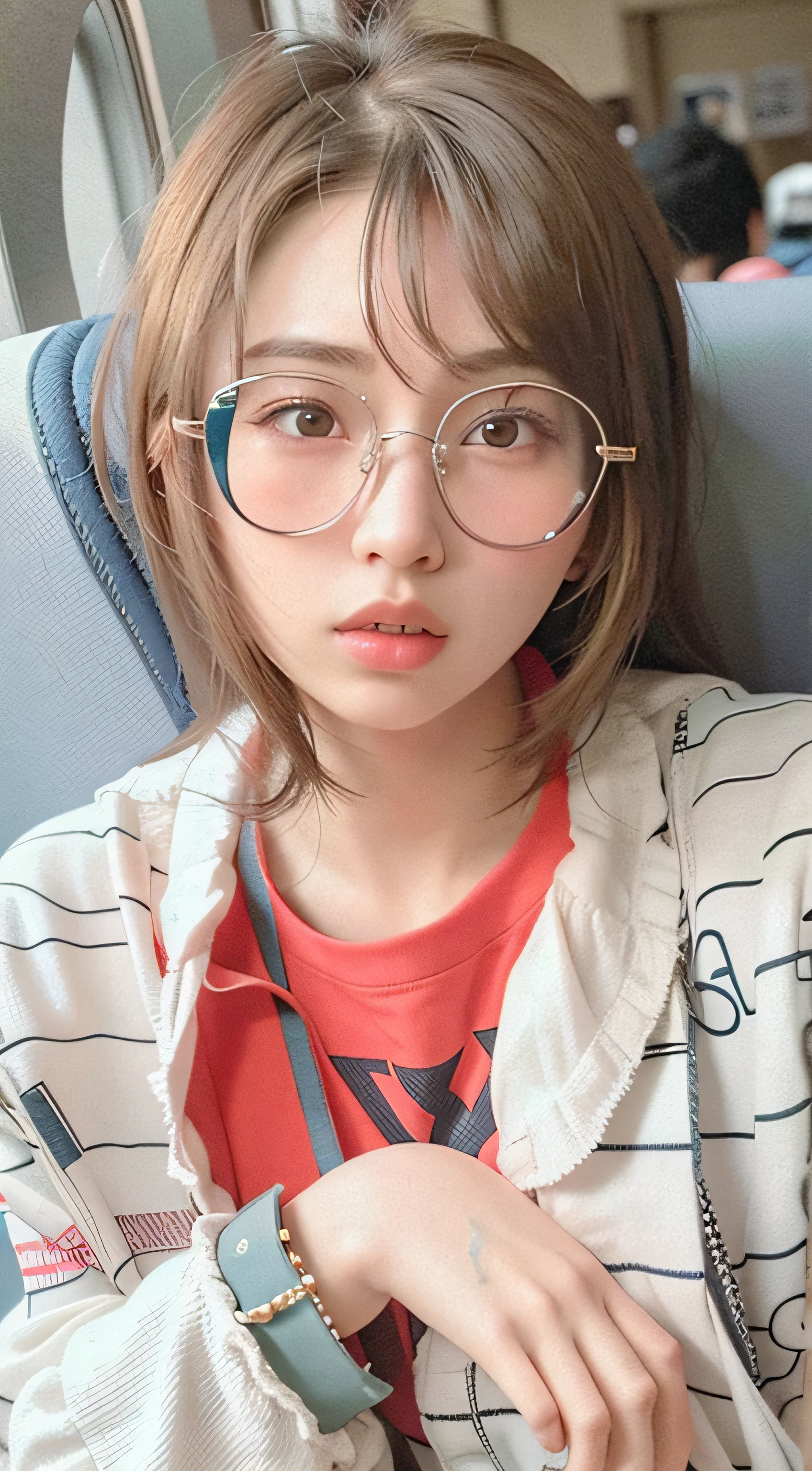 there is a woman with glasses sitting on a train, with short hair, with glasses, wearing thin large round glasses, heonhwa choe, chiho, sun yunjoo, wearing small round glasses, jaeyeon nam, with round face, park ji-min, ulzzang, wearing round glasses, sayori, with glasses on, girl wearing round glasses with american fashion