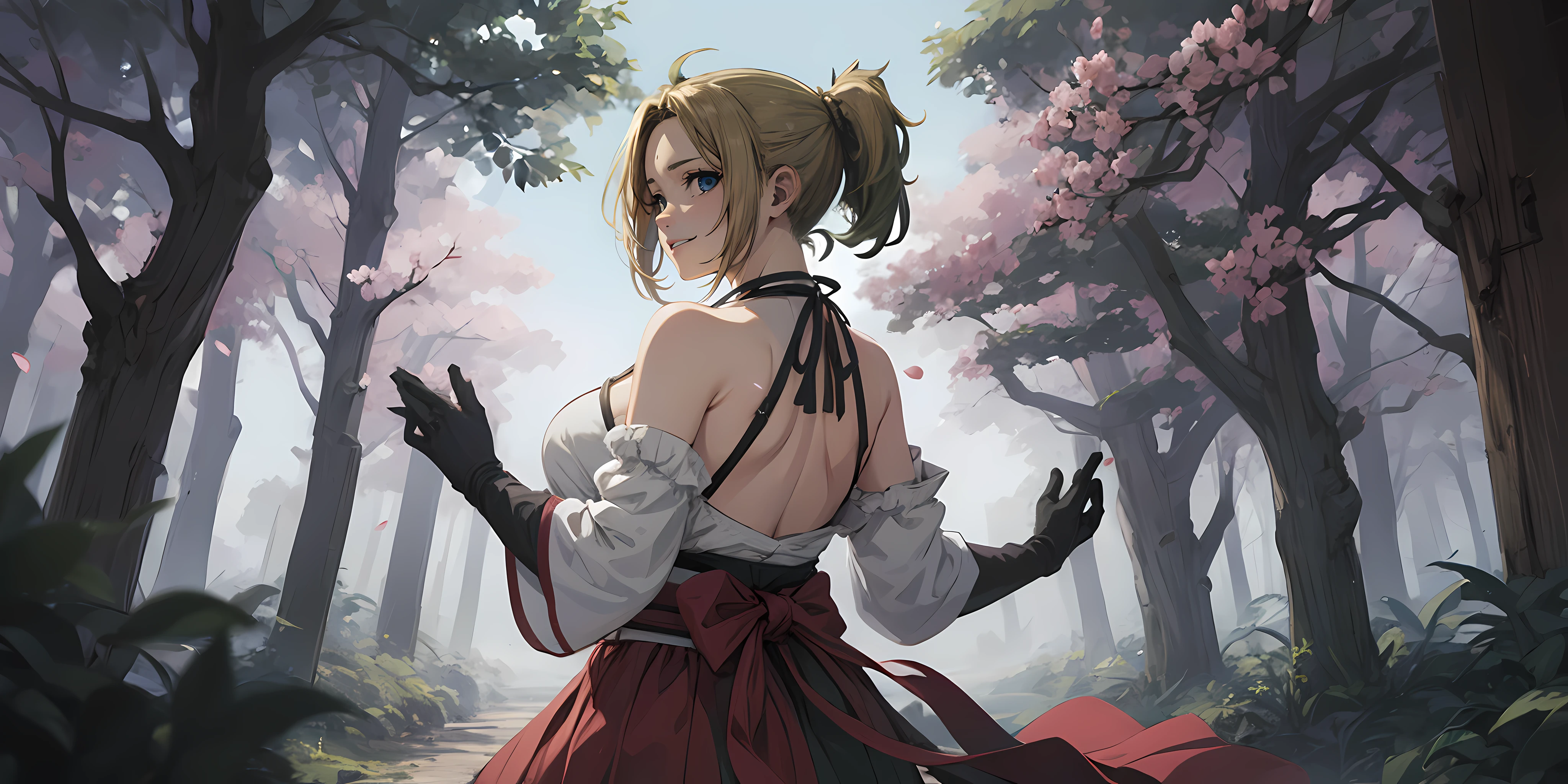 (blonde hair:1.4), blue eyes, low ponytail, (plump:1.2), 1girl, tree, cherry_blossoms, flower, solo, breasts, looking_at_viewer, hair_flower, looking_back, bare_shoulders, detached_sleeves, outdoors, tree_branch, large_breasts, day, petals, gloves, choker, japanese_clothes, wide_sleeves, sky, from_behind, wind, hakama, standing, holding, RAW candid cinema, 16mm, color graded portra 400 film, remarkable color, ultra realistic, textured skin, remarkable detailed pupils, realistic dull skin noise, visible skin detail, skin fuzz, dry skin, shot with cinematic camera