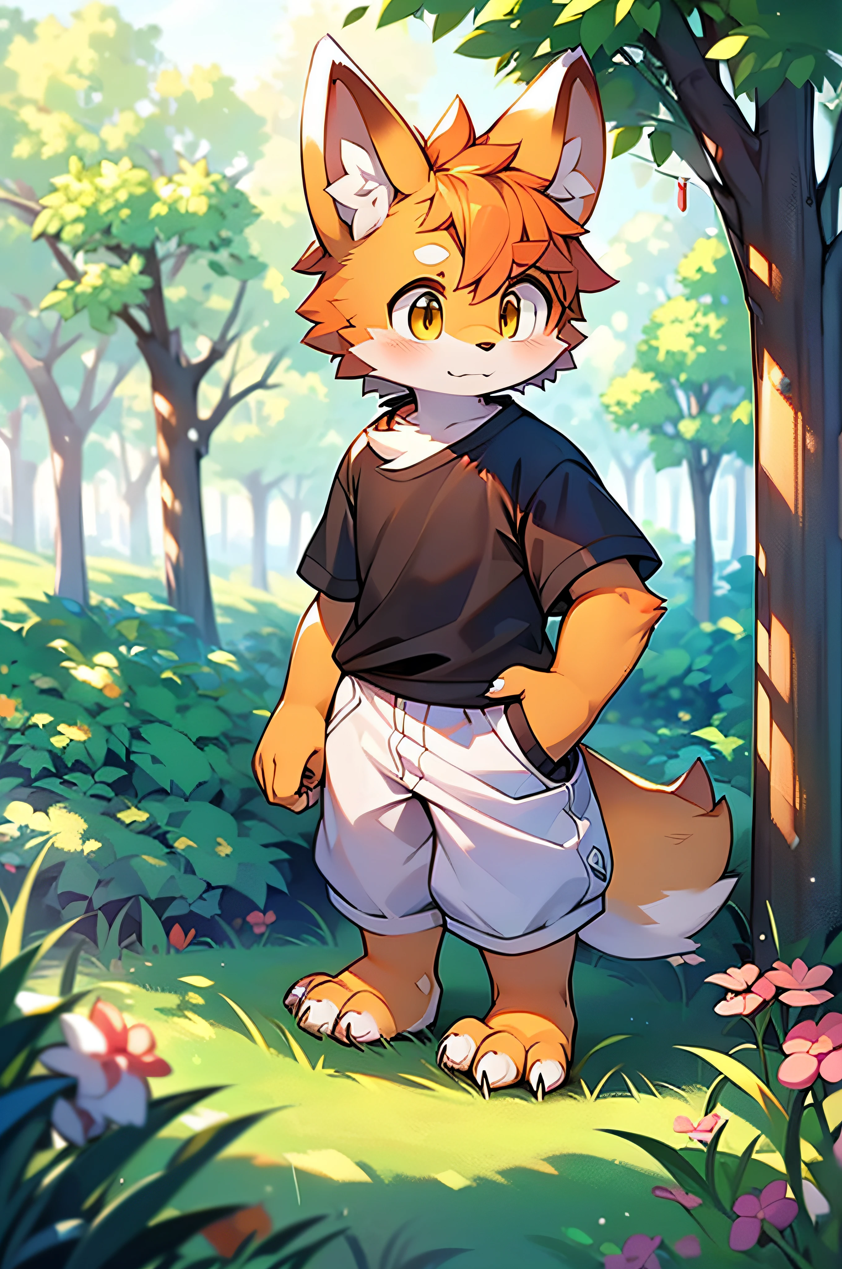 shaggy，shaggy，Golden fur，Golden fur，Golden fur，Golden fur，Golden hair，male people，canid，adolable，The little fox，The little fox，The little fox，adolable，solo person，sharp talons，Detailed fur，Golden eyes，Thick eyebrows，Fluffy tail，red short sleeves，short white pants，ultra - detailed：1.0，Libido boy，toddlers，children，children's，Gamine，Beast too，adolable，adolable，Shota（Via Dagasi：1.1），anatomy correct，Barefoot，Red Claw，Bare claws，Barefoot paws，Barefoot paws，standing on your feet，attention，bald-headed，Animal foot paws，lawns，grassy fields，On the lawn，on a grassy field，Tread on the grass，Trampling on small grass，Tread on the grass，Trampling the meadow，Tread on the lawn，Trampling the lawn，bald-headed，balding，balding