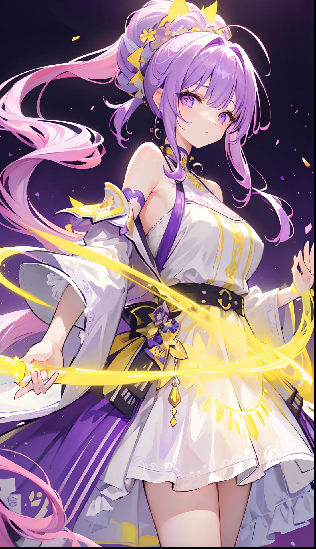 Long purple and yellow bangs that emit fluorescence,Tall ponytail hair with a radiant and vibrant look,A simple glow dress with purple, yellow and white accessories,The face is very sweet and tender, full of luster and glow,A cute and lively beautiful girl with a very attractive charm,The whole looks glow