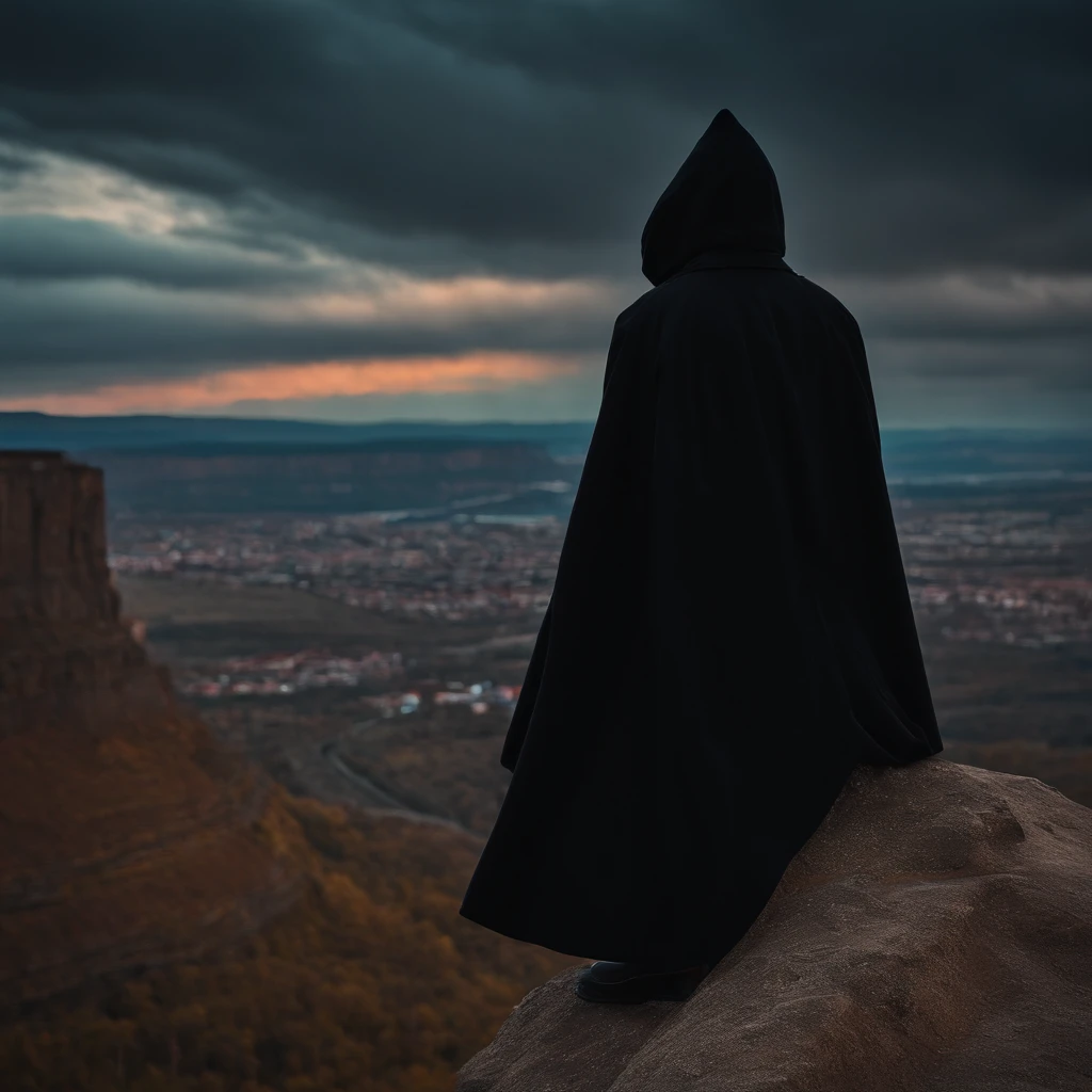 Sitting on a high cliff and looking at the ager in the distance,Wear a black hood and black trench coat,The time is dusk