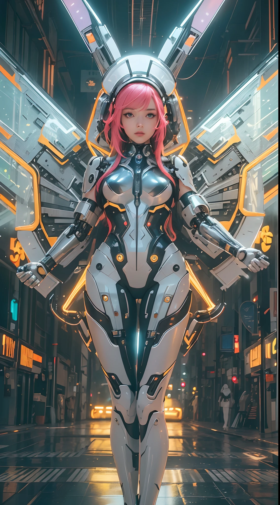 (wide wide shot),(Best quality,Masterpiece:1.2),(Futuristic cyborg woman), (Rabbit ears),bright colored hair,((massive wings)),Her wings are a marvel of technology, A combination of a sturdy metal frame and a delicate translucent film,((Inside the mechanical body)),(Footwear),Metallic。nigth,(Facing the lens,Central symmetry),standing on your feet,No man's street,Vibrant colors,Light trails and neon lights in the background,Science fiction art style.The lighting is dramatic, Bright areas contrast strongly with deep shadows, creating a sense of depth and dimension. The overall composition is vibrant and captivating, Centered on cyborg girls, Exude power, Grace, There is also a touch of mystery.