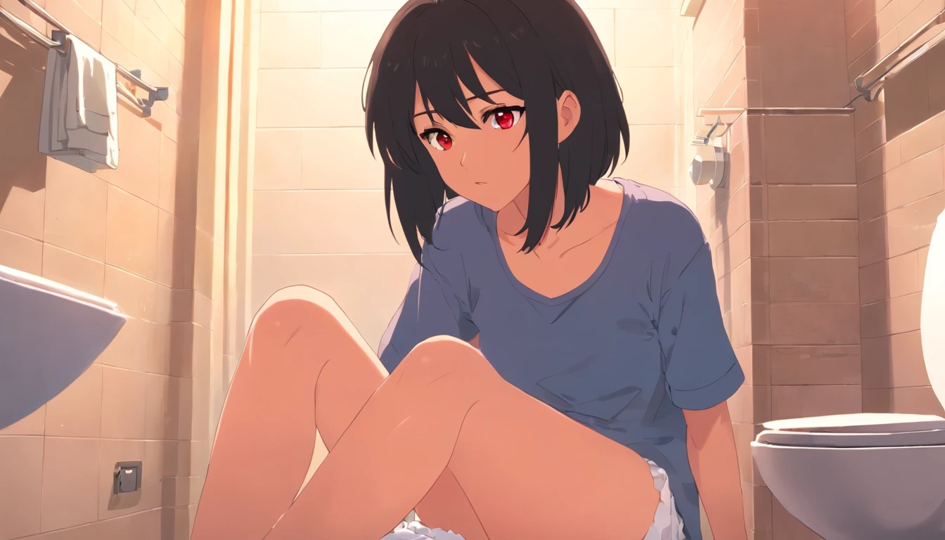 woman on the toilet, big rear-end, black hair, red eyes